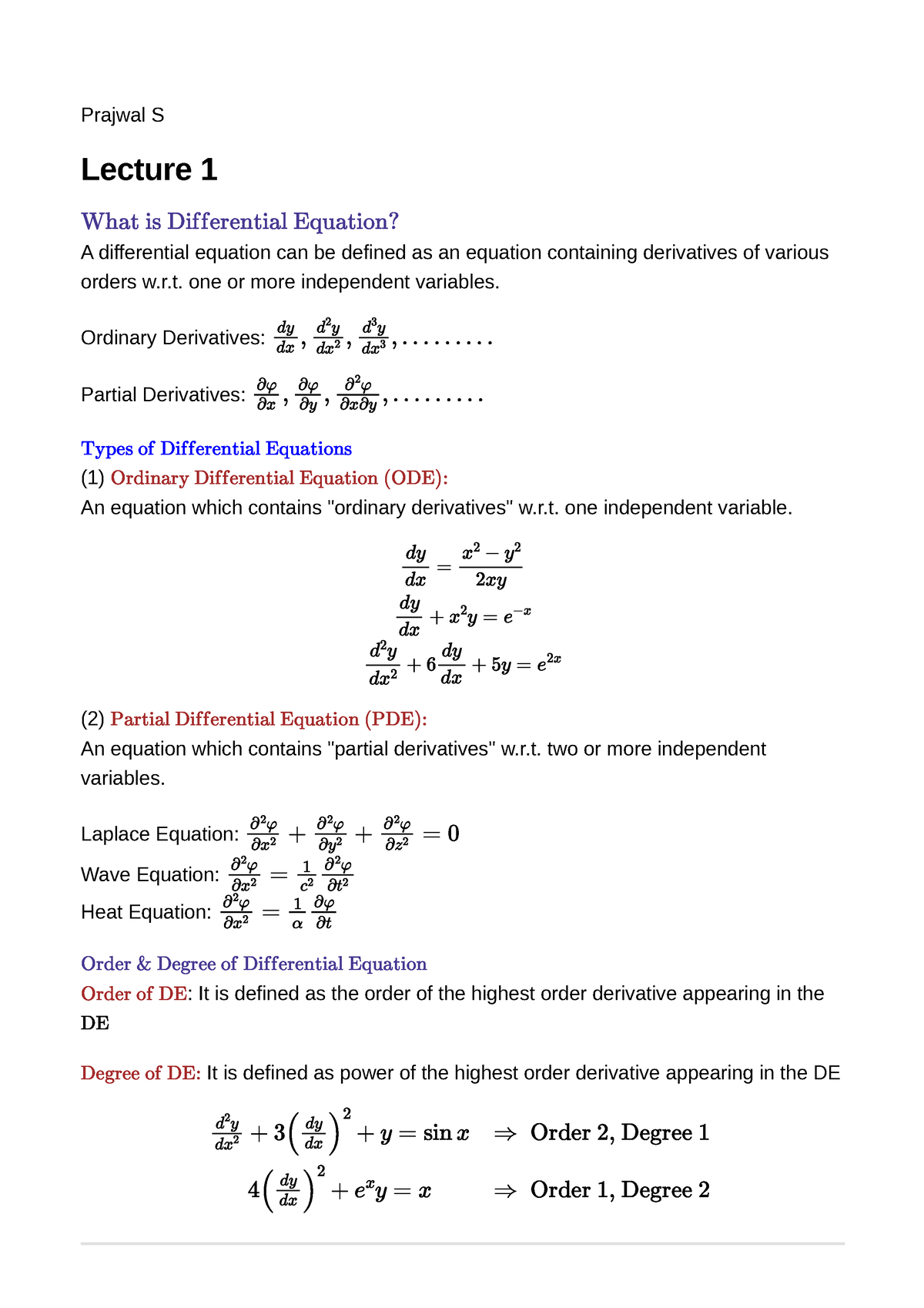 Differential Equations Notes - Prajwal S Lecture 1 What Is Differential ...