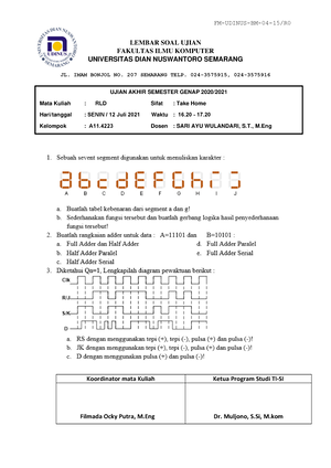 Soal Ujian Akhir Semester - 4 - FM-UDINUS-BM-04-15/R Diperiksa Oleh ...