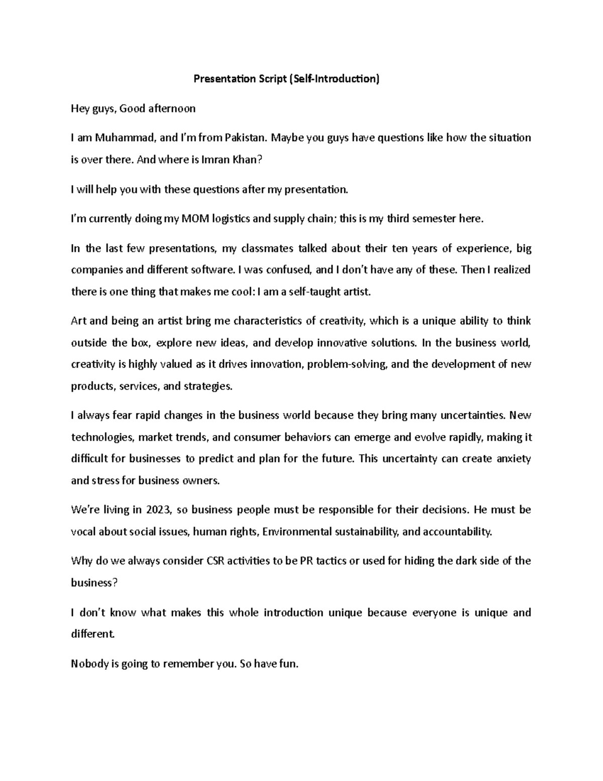 Presentation Script (Self Introduction) - Presentation Script (Self ...