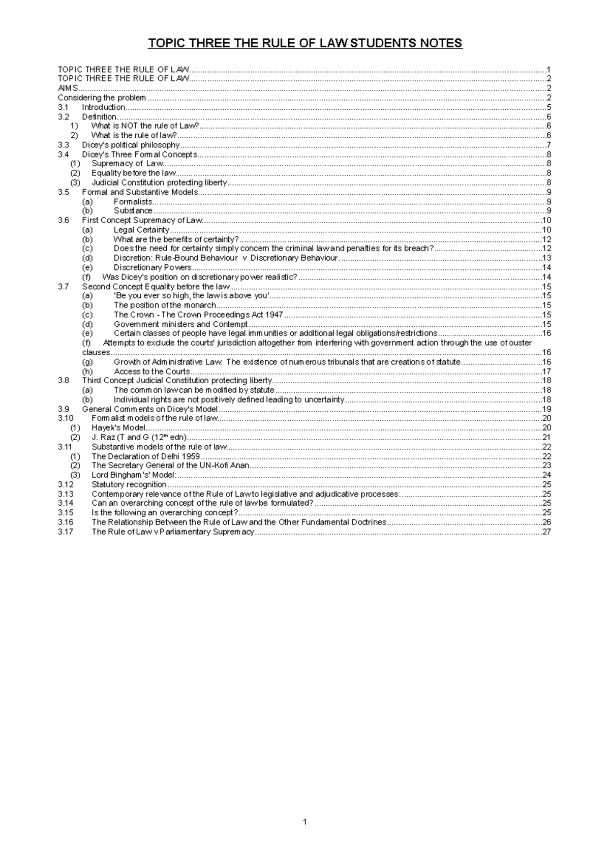 RULE OF LAW topic 3 - Lecture notes 3 - TOPIC THREE THE RULE OF LAW ...