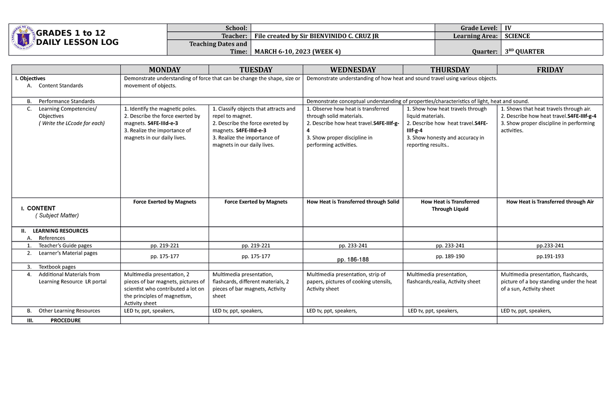 DLL Science 4 Q3 W4 - FOR REFERENCE - GRADES 1 To 12 DAILY LESSON LOG ...