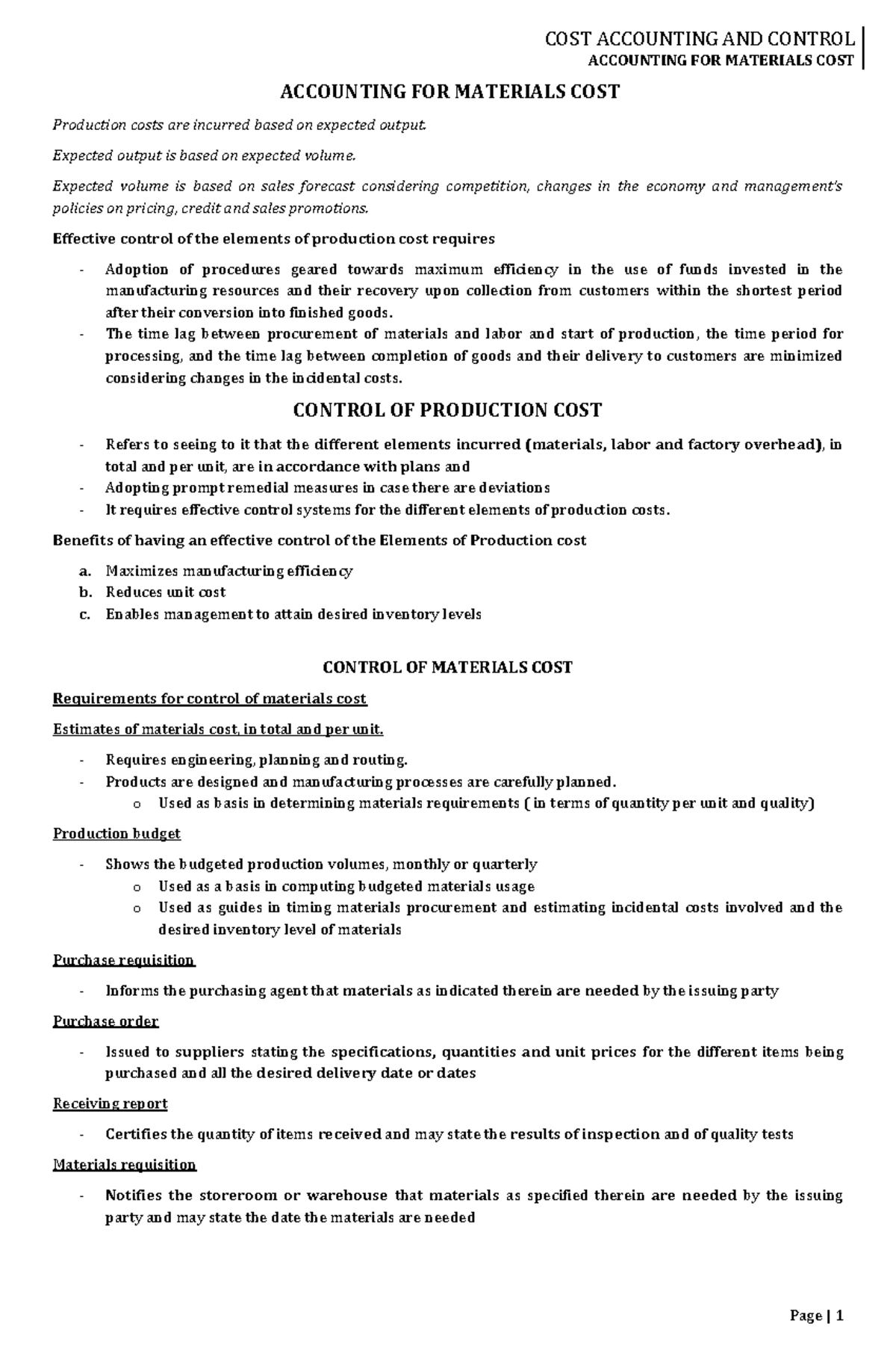 Accounting For Materials Cost ACCOUNTING FOR MATERIALS COST ACCOUNTING FOR MATERIALS COST