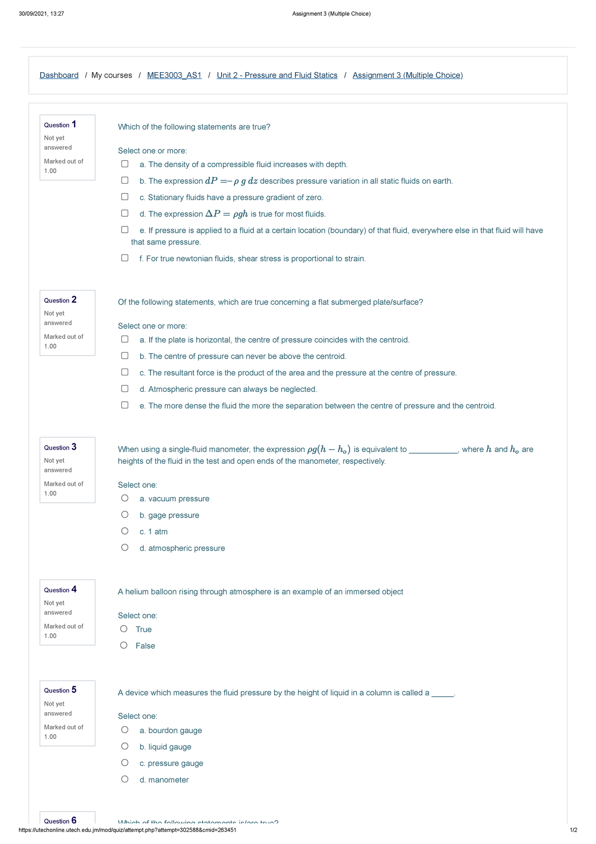 Assignment 3 (Multiple Choice) - Physical Chemistry - UTech, Ja - Studocu