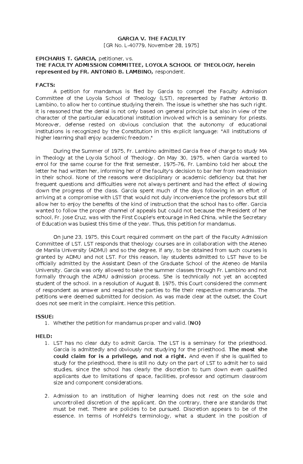 Garcia V. The Faculty Case Digest GARCIA V. THE FACULTY [GR No. L