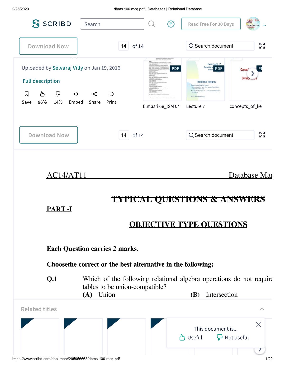 Dbms 100 Mcq.pdf Databases Relational Database - 86% ț1ǘǘȜ · 4ǘK Views ...