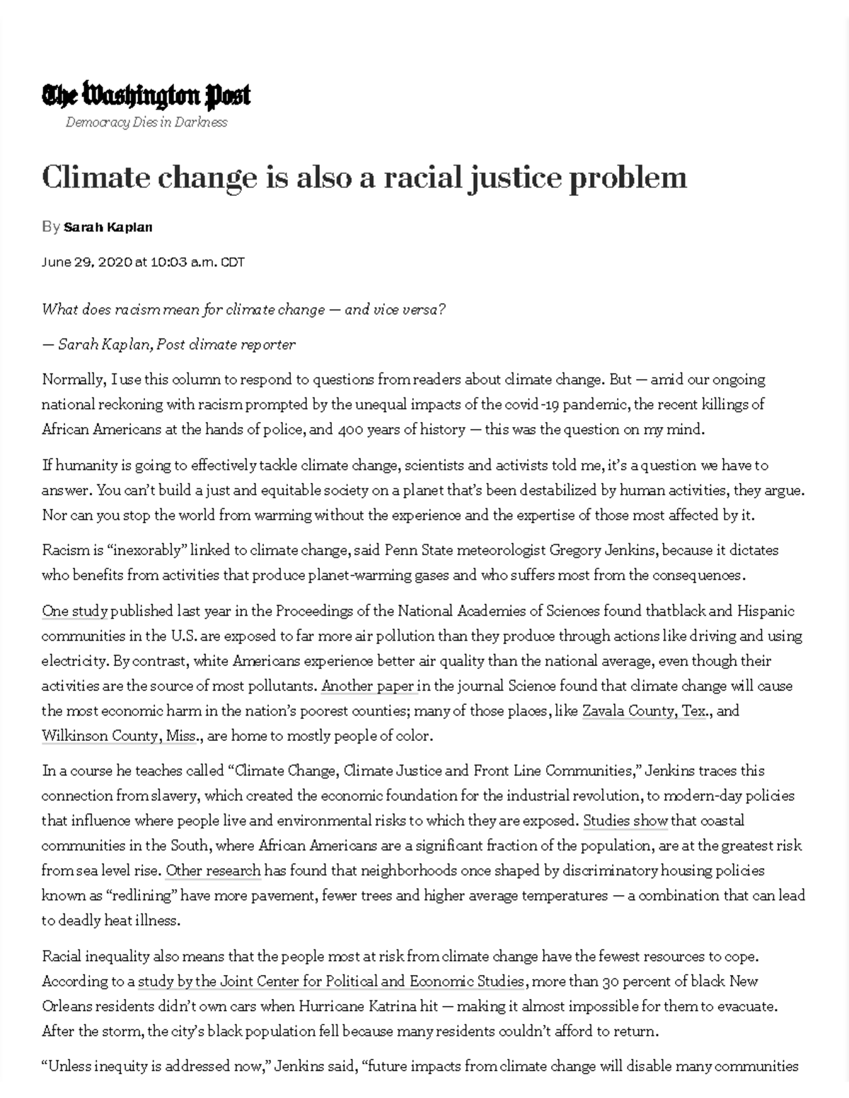 Climate change is a racial justice problem - The Washington Post ...