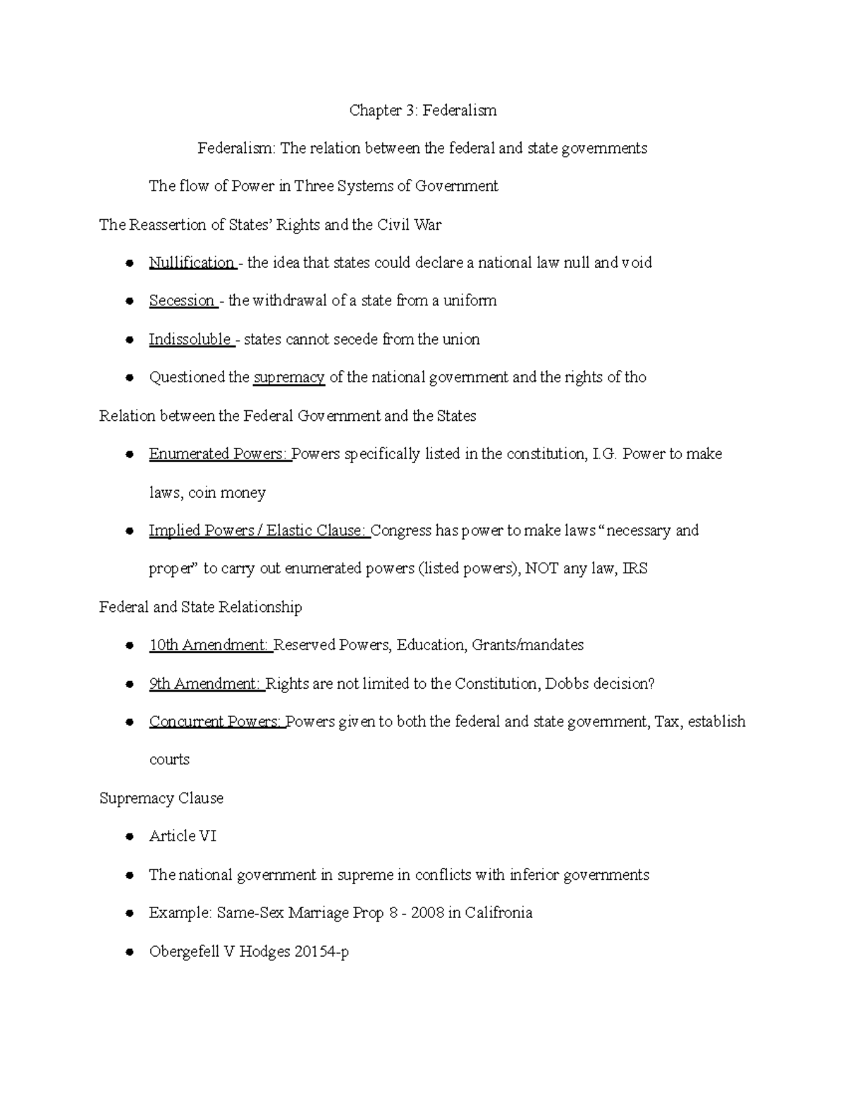 Chapter 3 Notes - Chapter 3: Federalism Federalism: The Relation ...