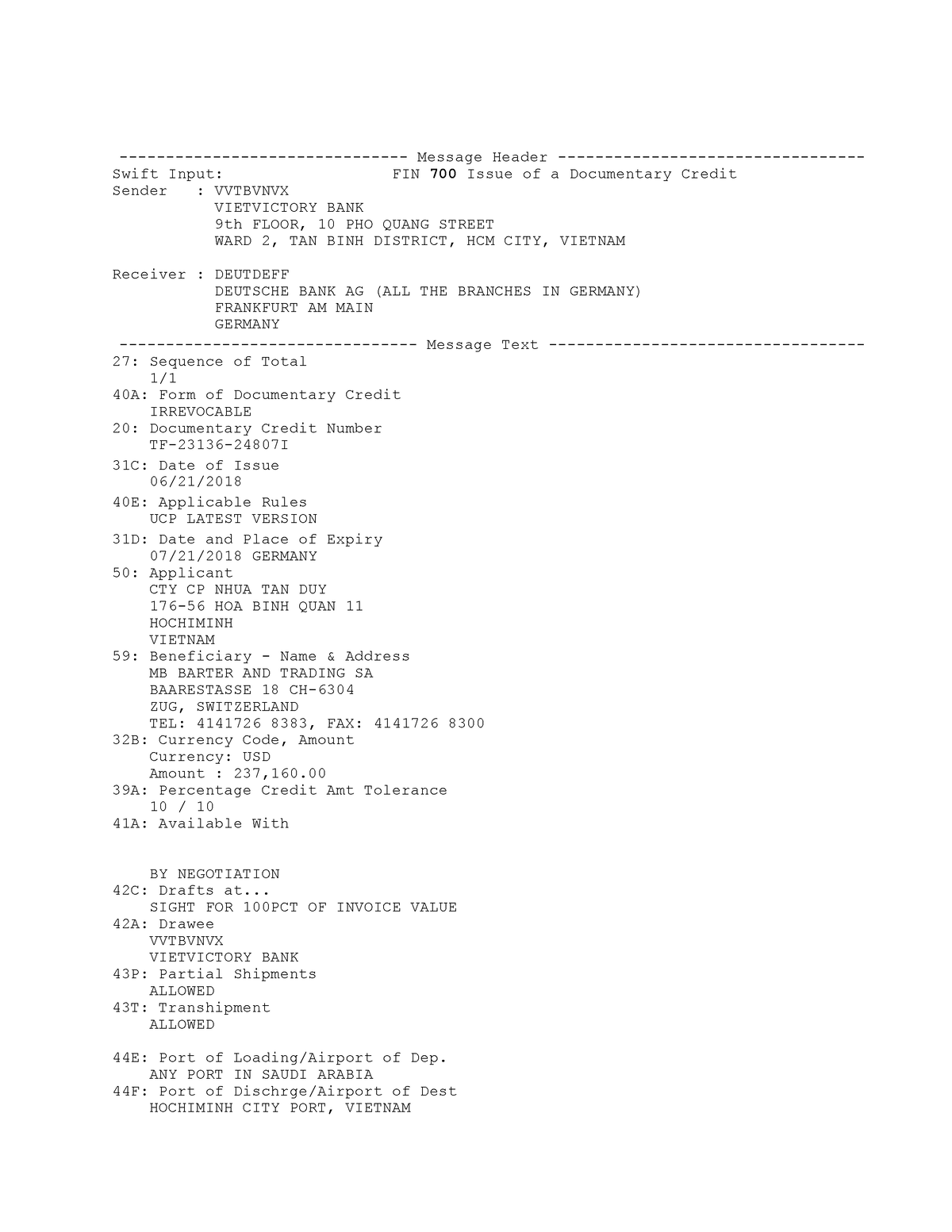 Issue LC MT700 20230516085018 - Message Header - Swift Input: FIN 700 ...