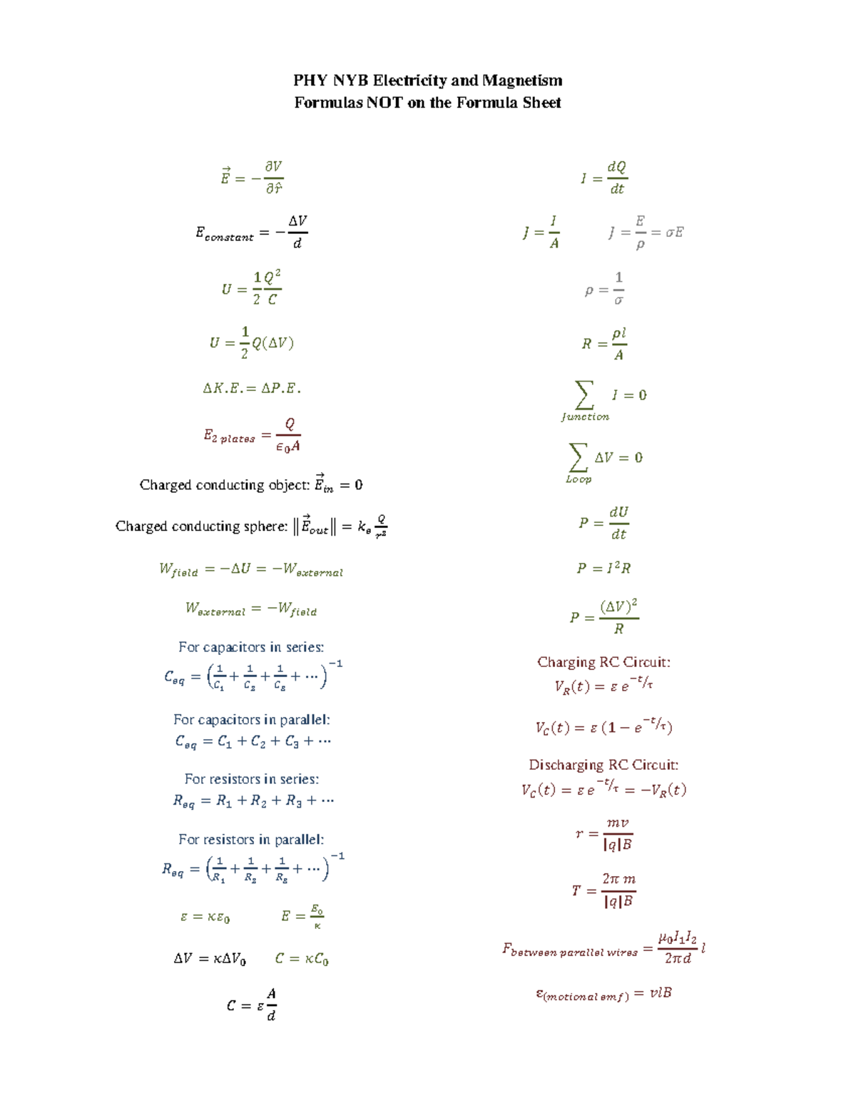 NYB formula sheet Extra W22 PHY NYB Electricity and