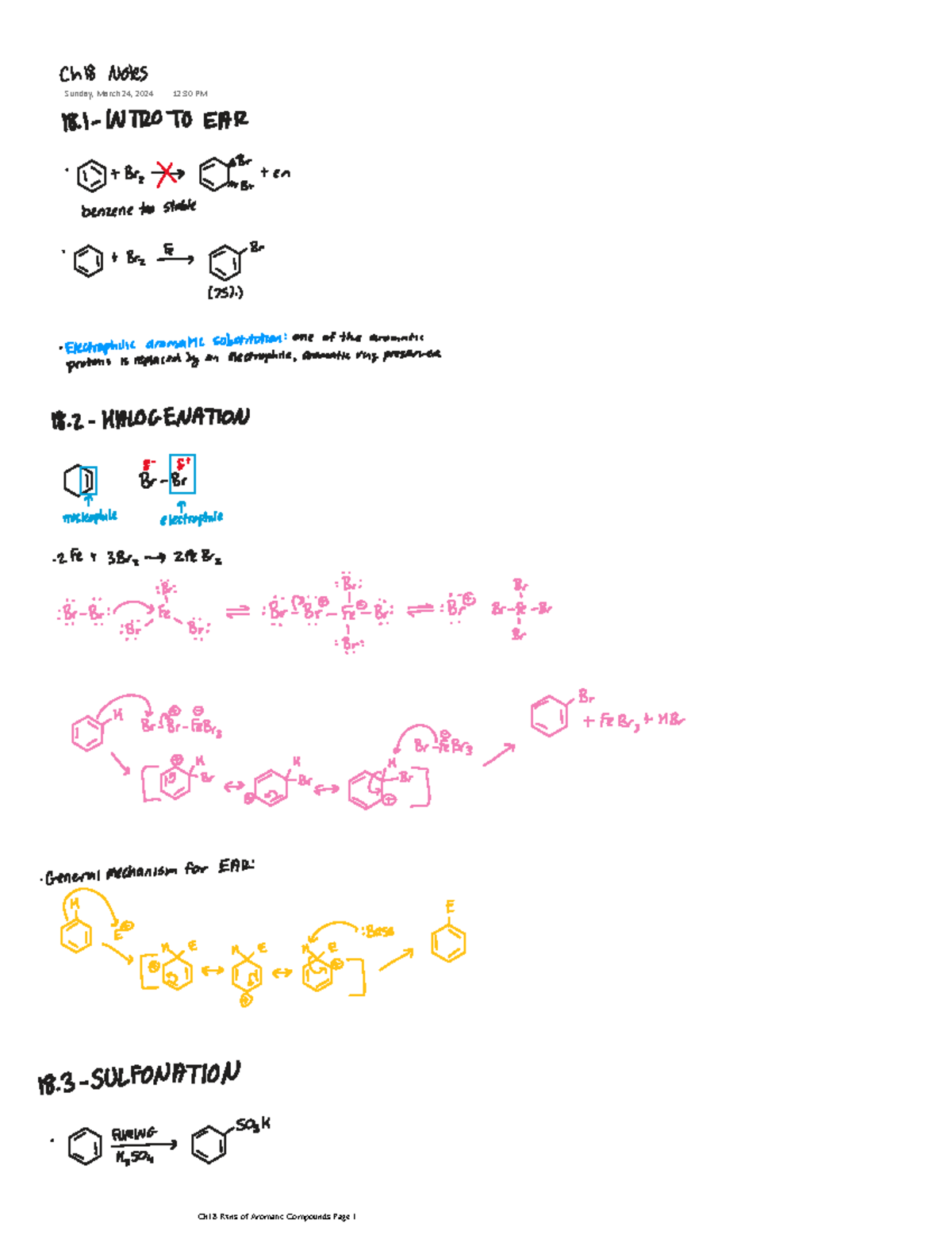 Ch18 Aromatic Reactions notes - CHEM252 - Sunday, March 24, 2024 12:30 ...