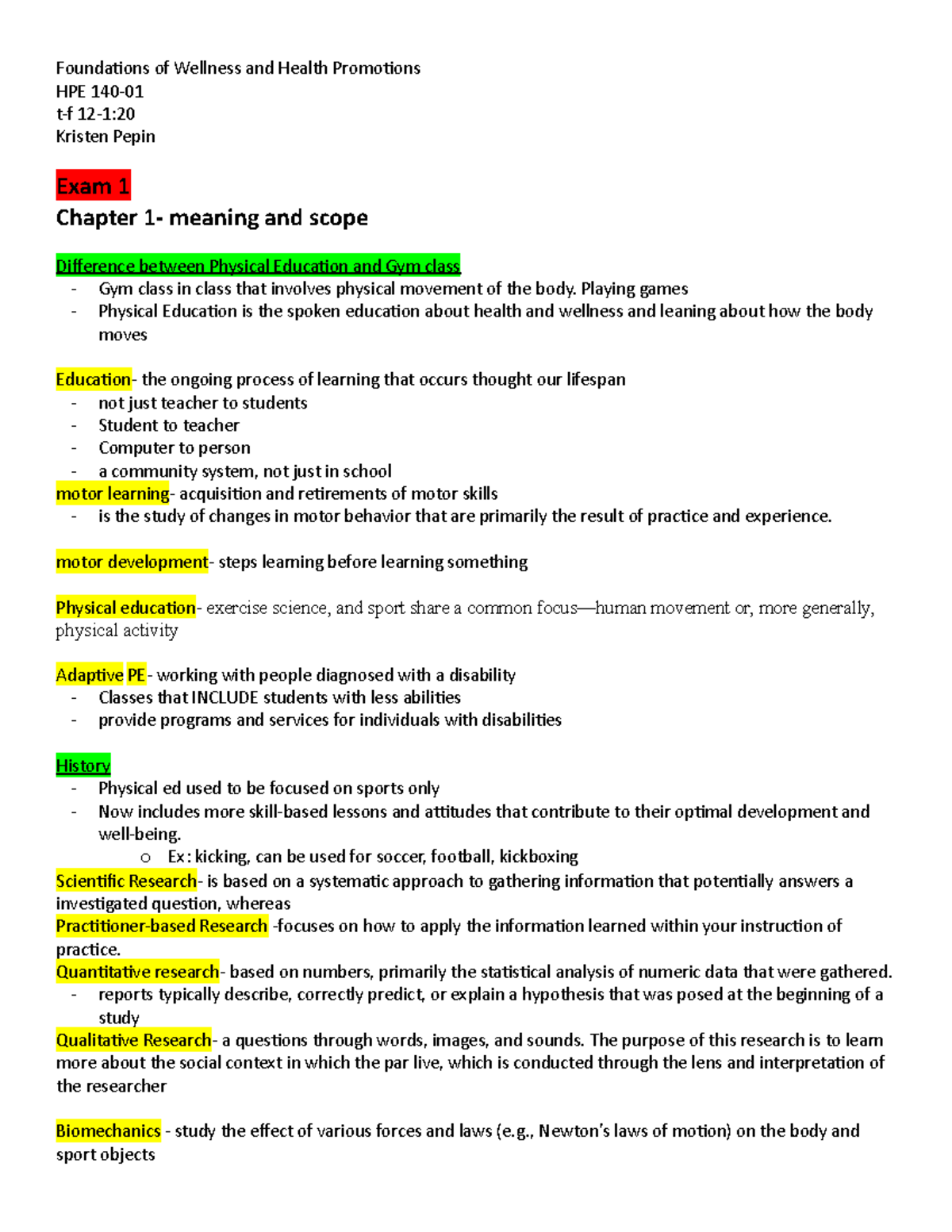 HPE class notes - Foundations of Wellness and Health Promotions HPE 140 ...