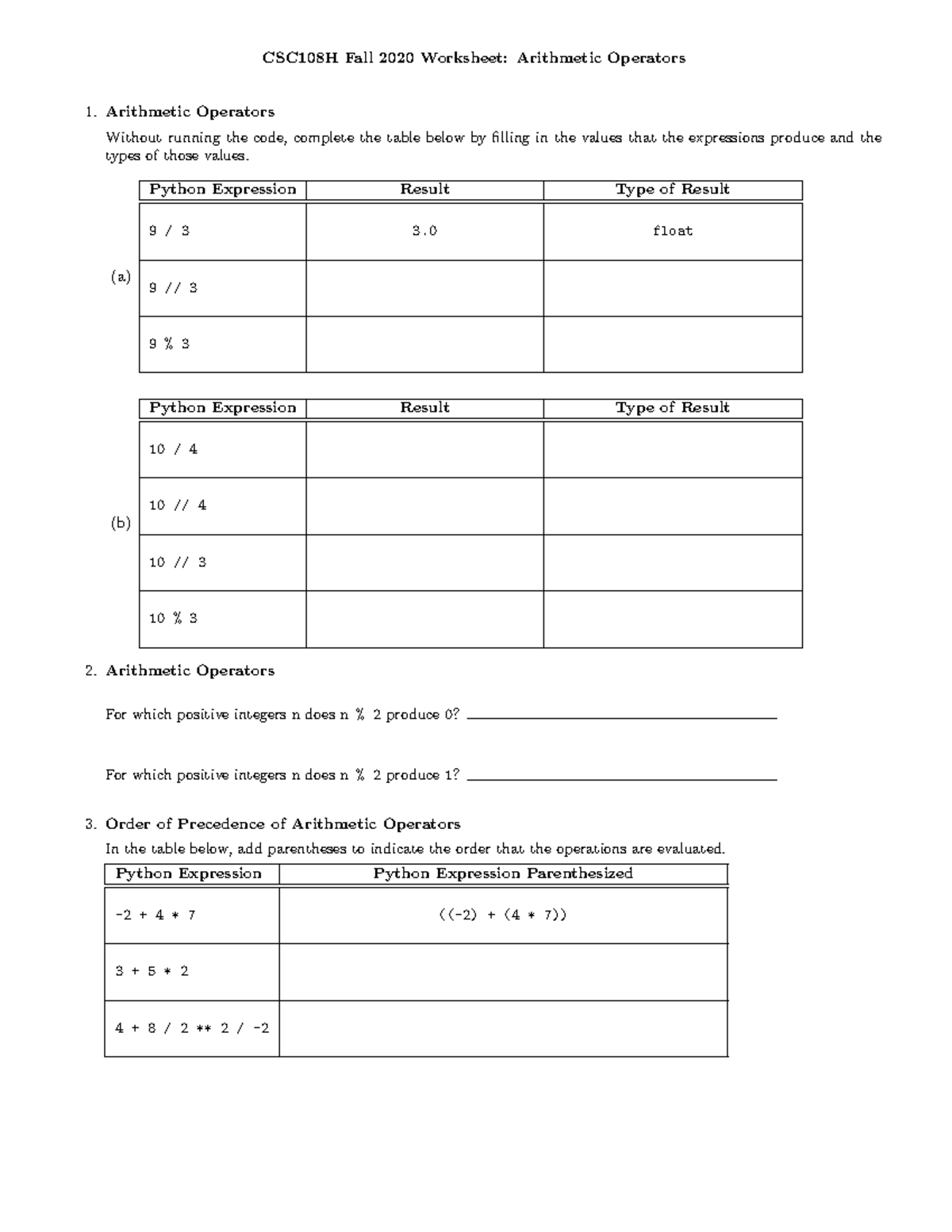 Arithmetic operators worksheet - CSC108H Fall 2020 Worksheet ...