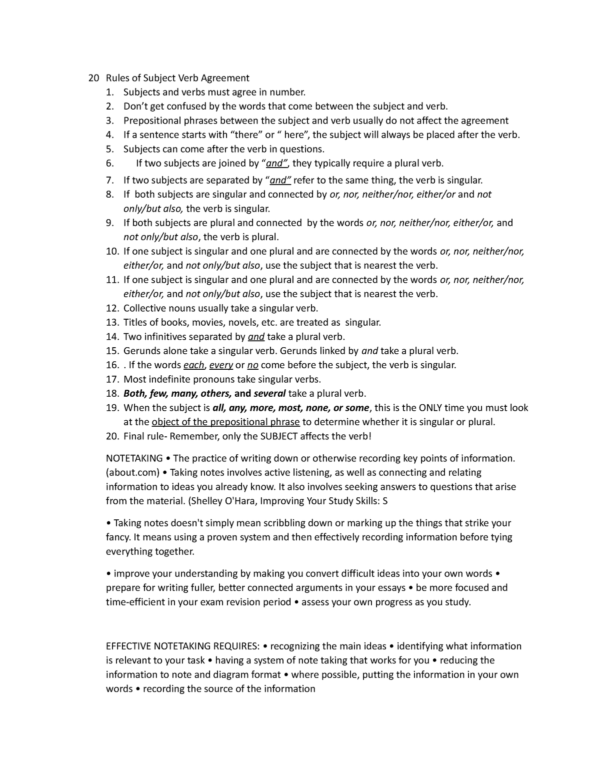 Rules of Subject Verb Agreement note taking - 20 Rules of Subject Verb ...