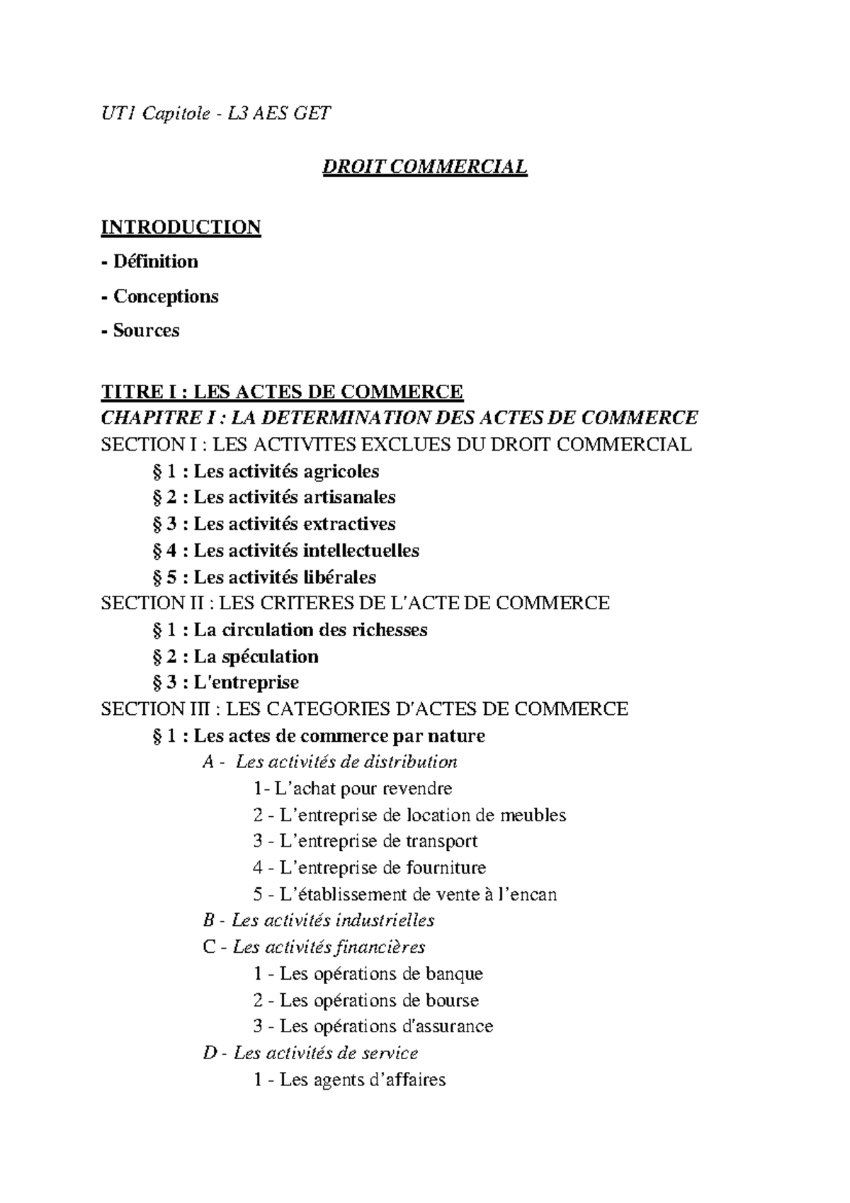 Commercial Plan I - UT1 Capitole - L3 AES GET DROIT COMMERCIAL ...