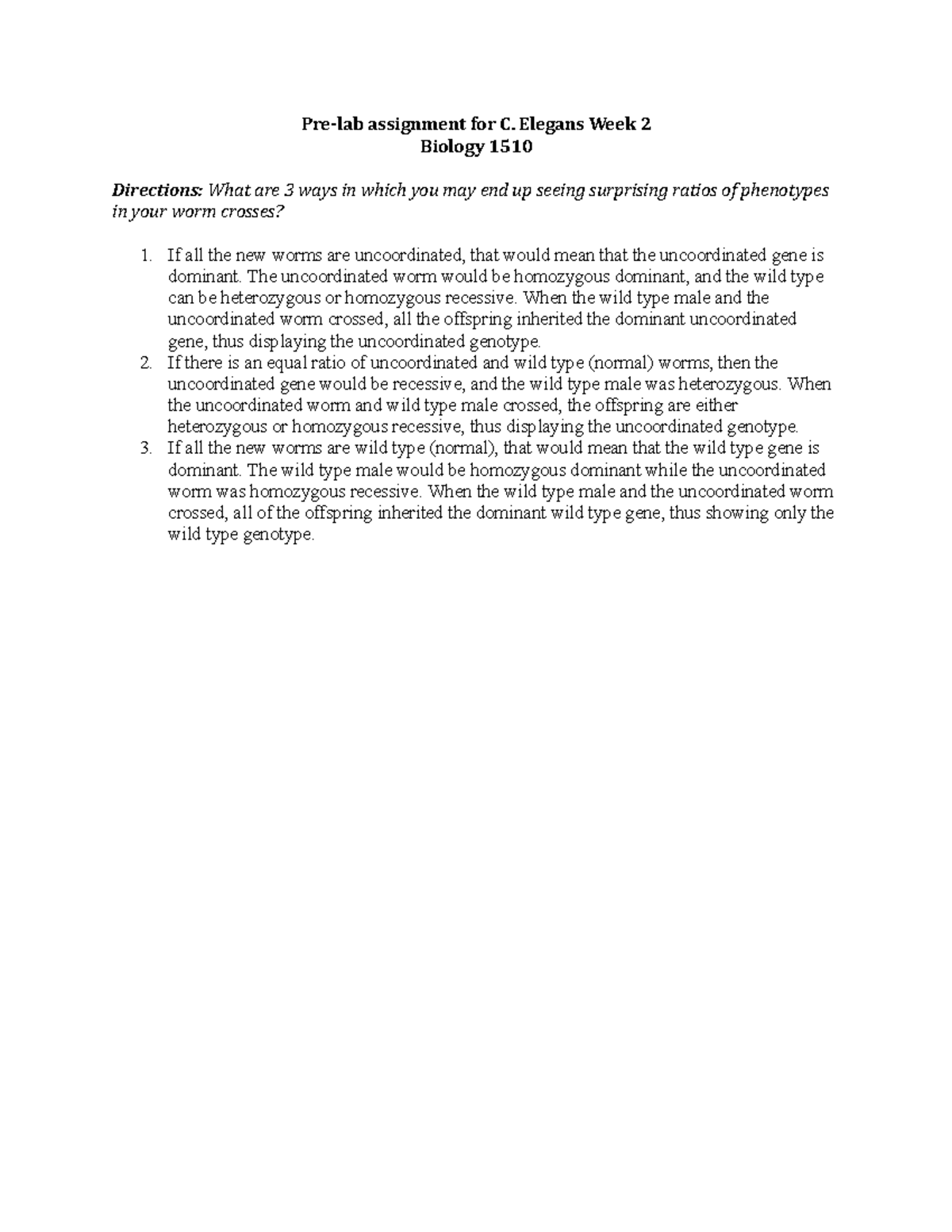 Genetics+Week+2 - Pre-lab assignment for C. Elegans Week 2 Biology 1510 ...