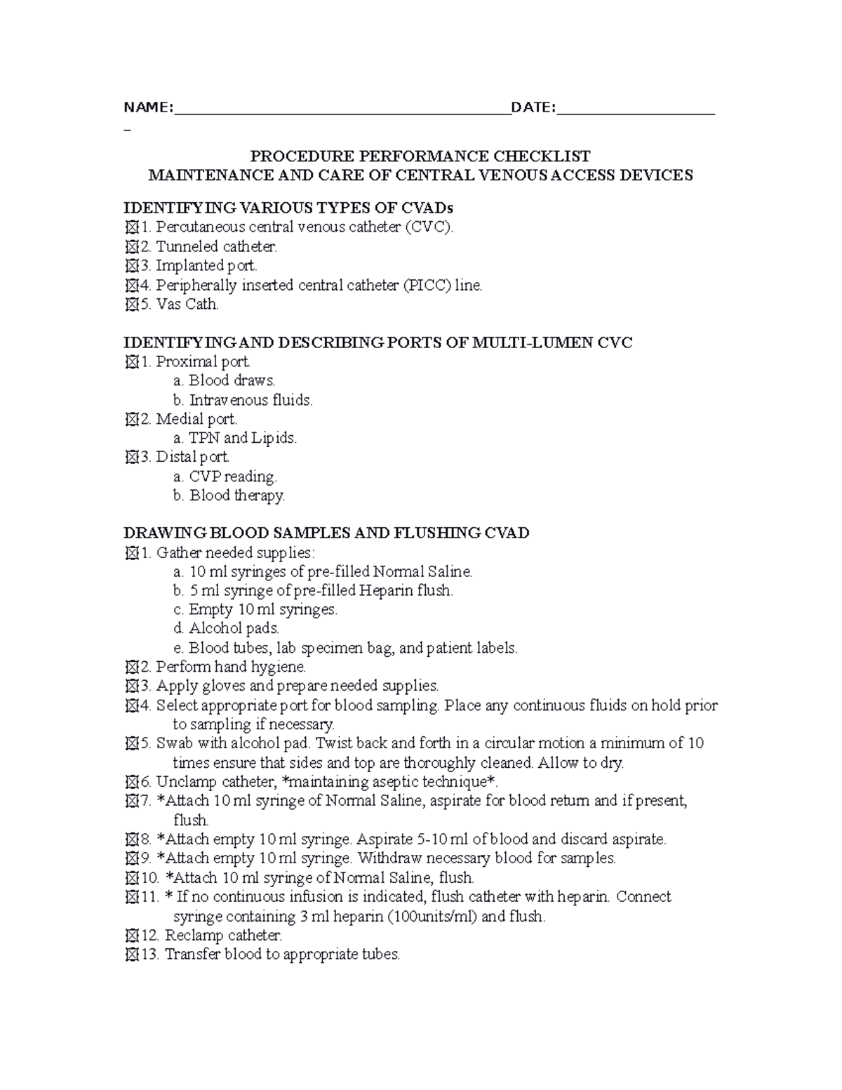 Cvad checklist lecture notes name date