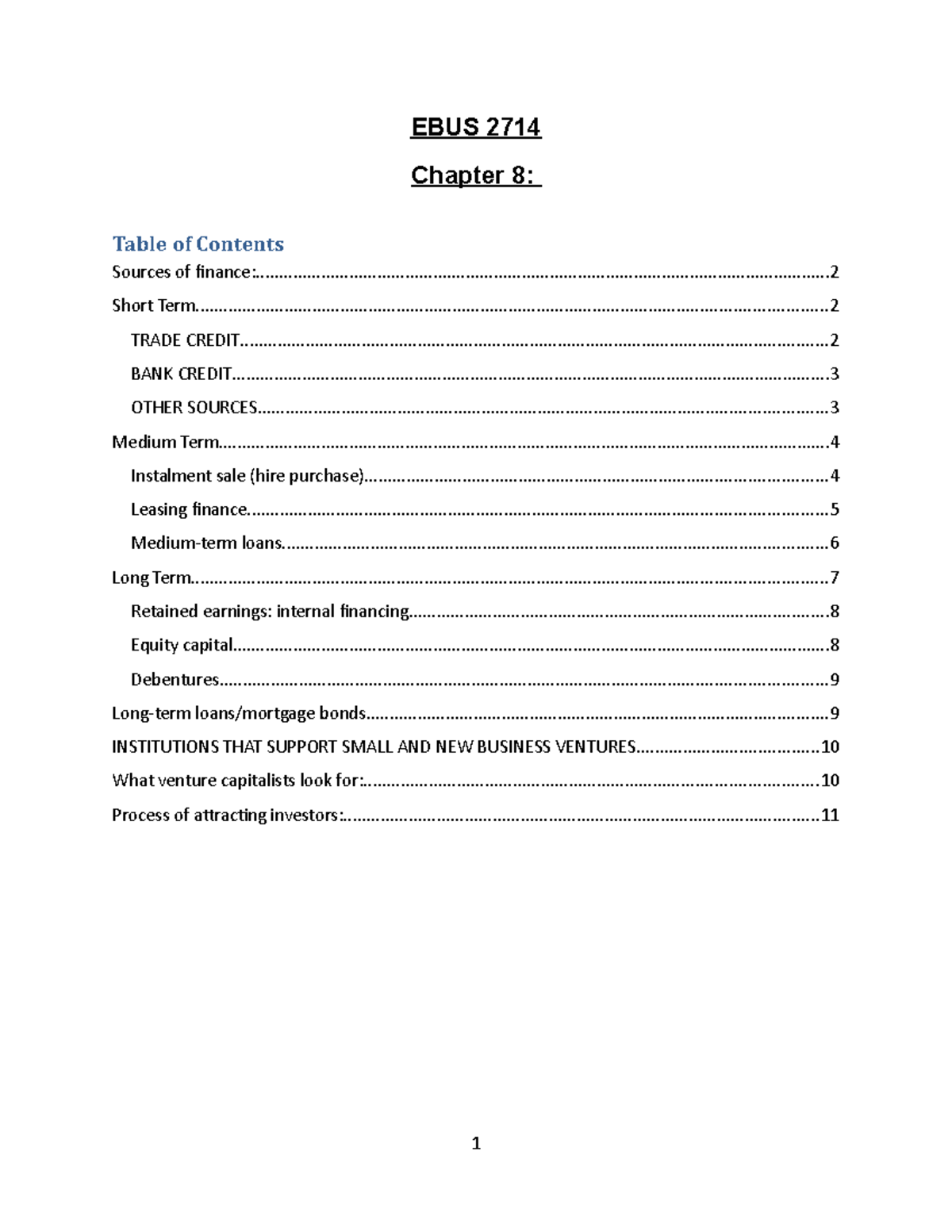 Chapt 8 - Sources of finance & attracting investors - Chapter 8: - EBUS ...