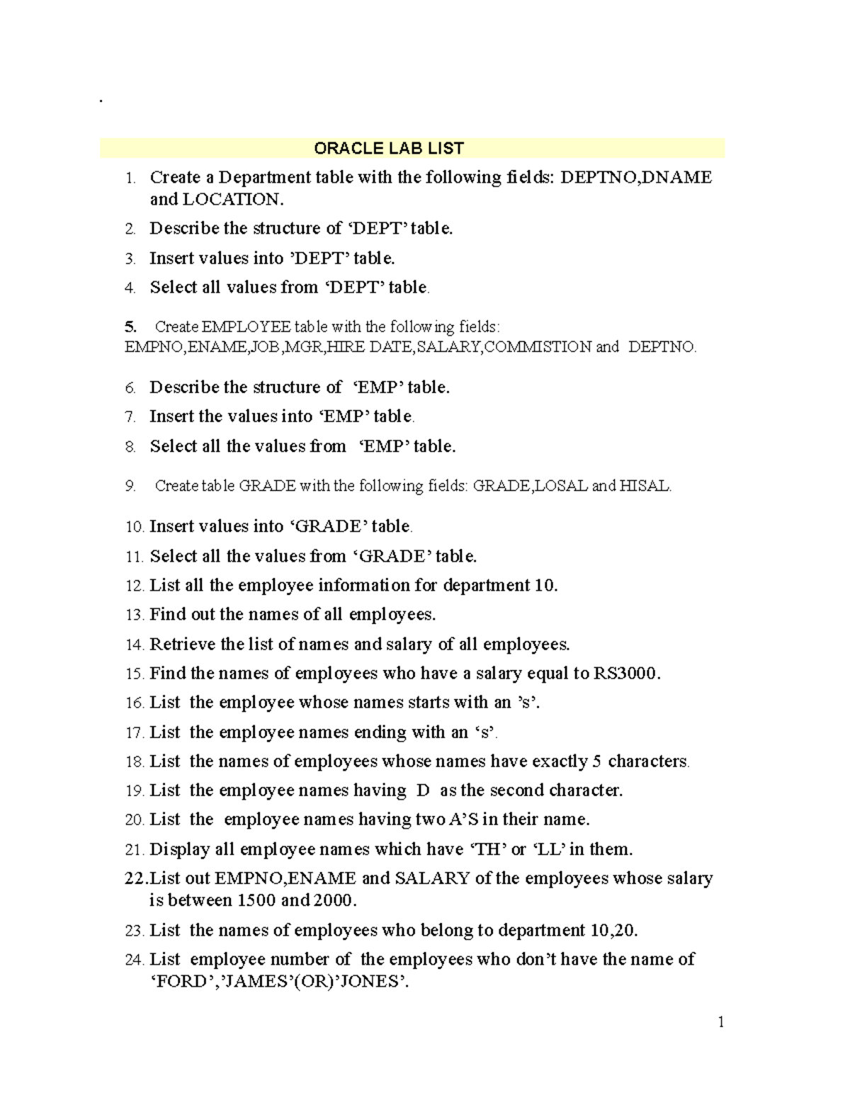 Oracle - project on real estate business - ORACLE LAB LIST Create a ...