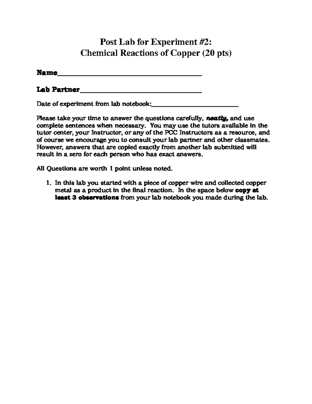 Ch Lab Copper Reactions Post Lab Post Lab For Experiment Chemical Reactions Of