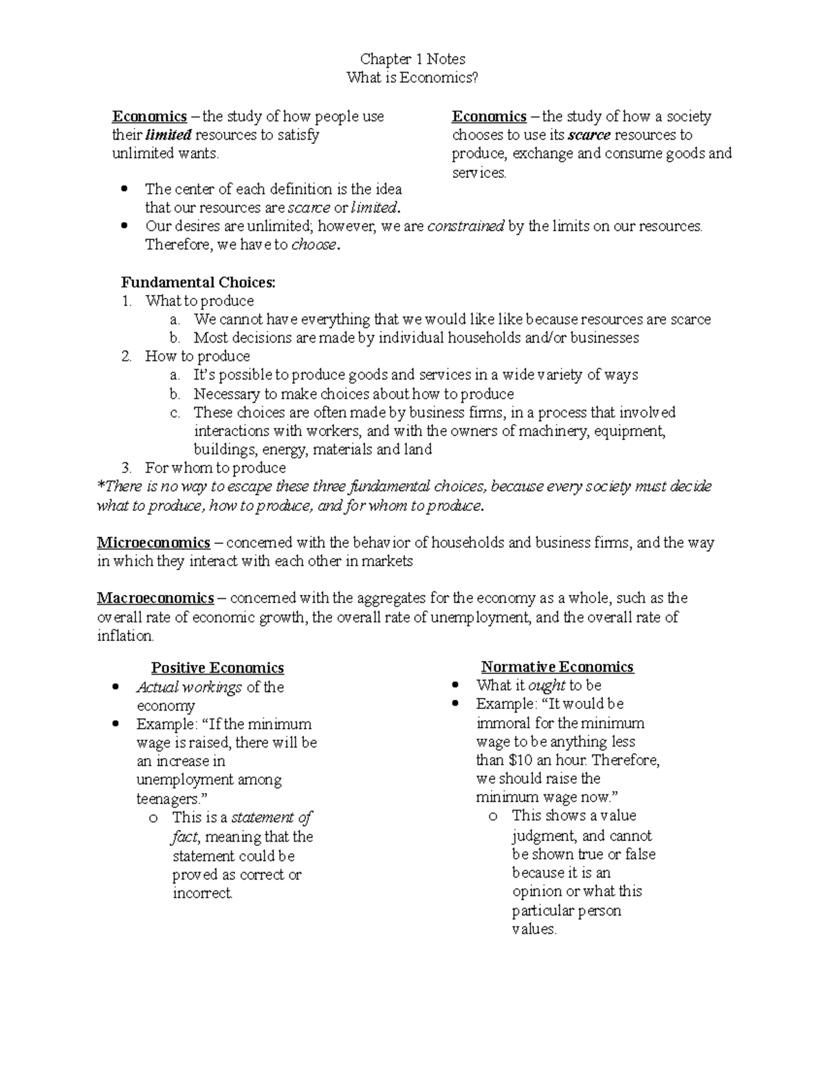 Chapter 1 Textbook Notes - Chapter 1 Notes What is Economics? The ...
