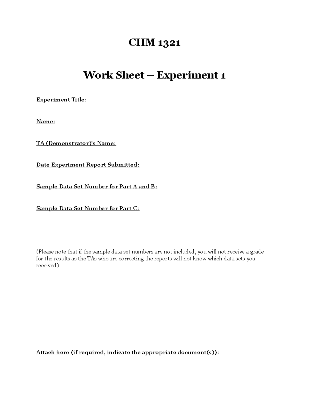 Exp1 report form 132121 - CHM 1321 Work Sheet – Experiment 1 Experiment ...