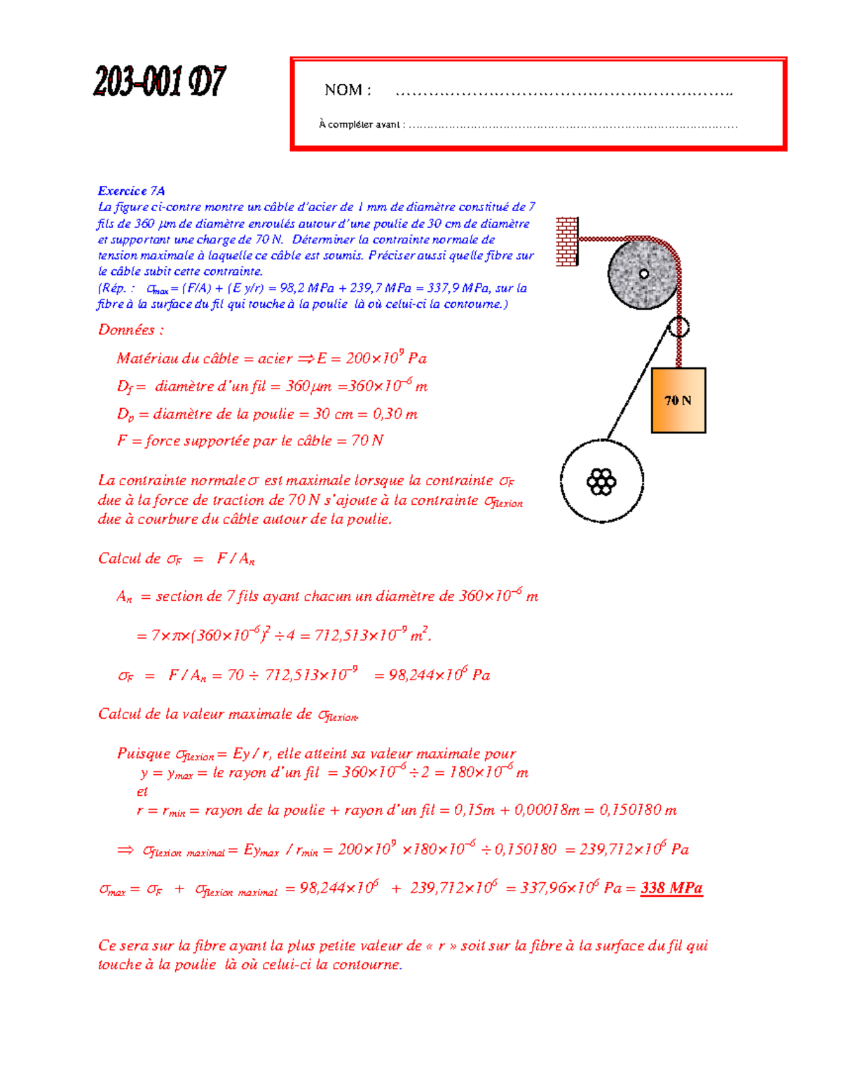 EX en RDM - cour - Exercice 7A La figure ci-contre montre un câble d ...