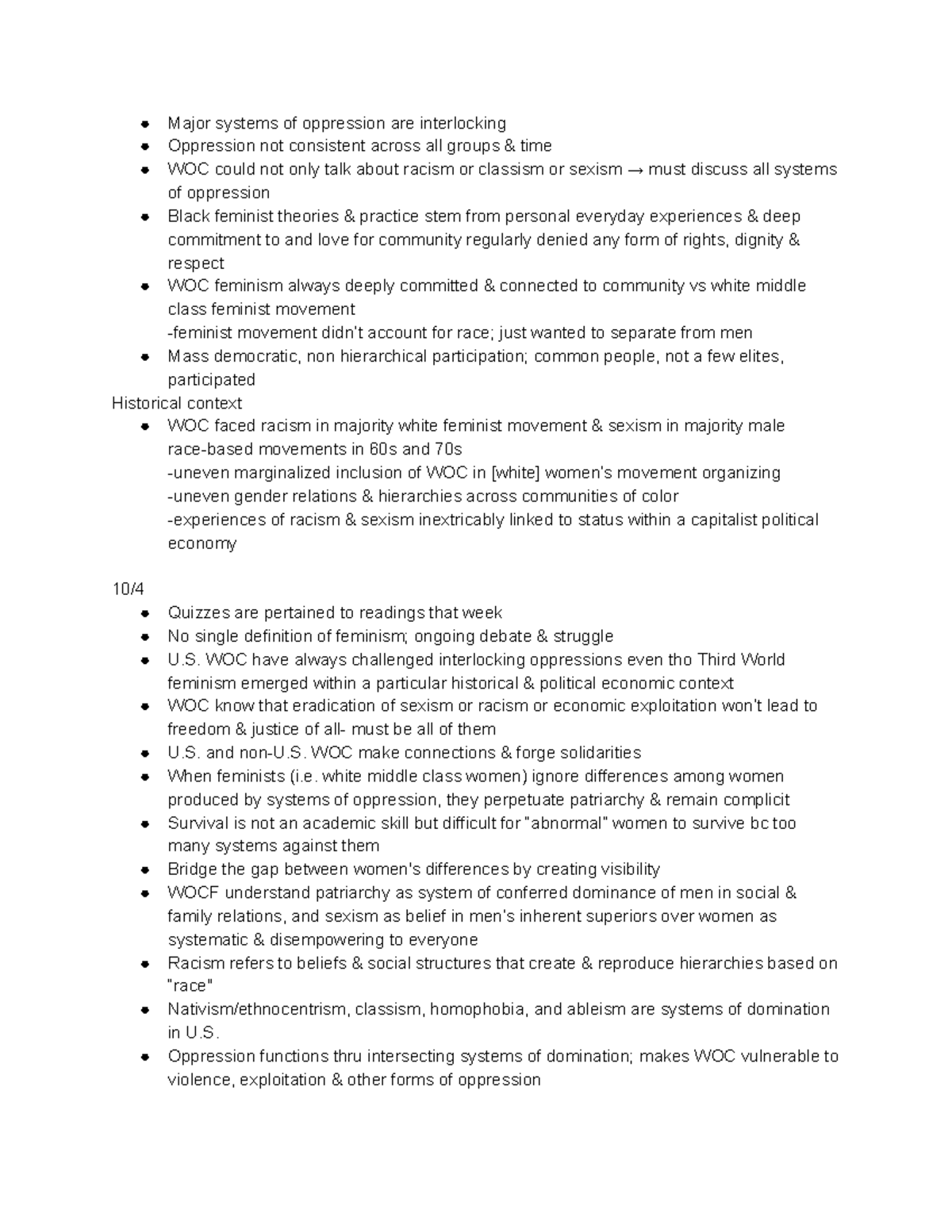 Feminist Studies 60 Notes 2 - Major systems of oppression are ...