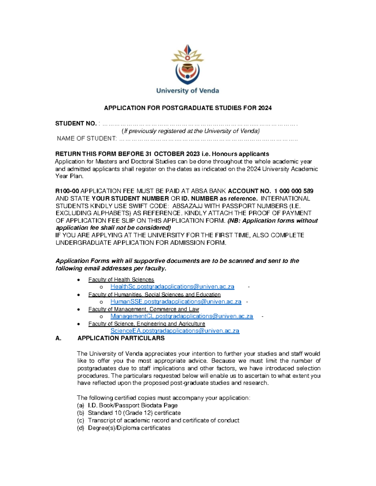 2024 Univen Postgraduate Application FORM - APPLICATION FOR