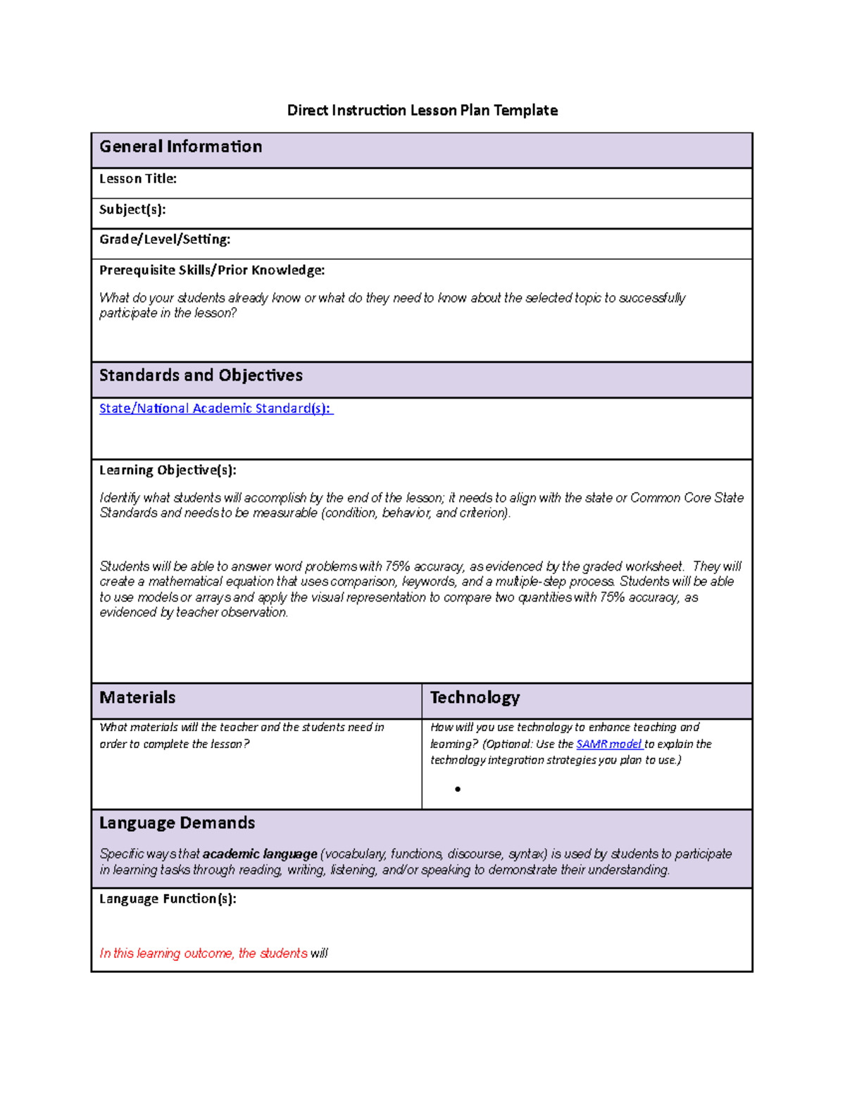 Wgu Lesson Plan Template Direct Instruction Lesson Plan Template 