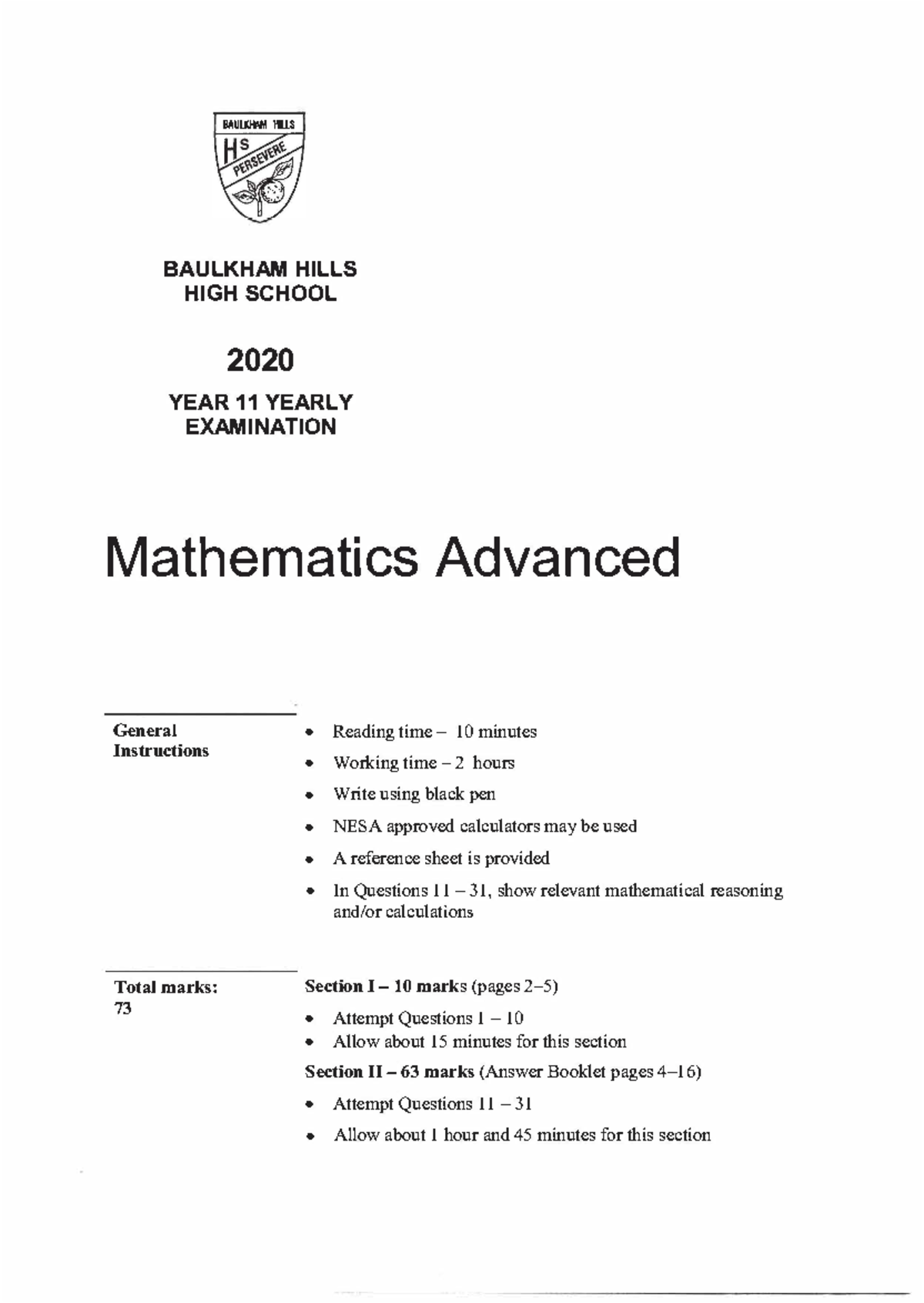 Yearly 2020 - Baulkham Hills Mathematics Advanced Paper - BAULKHAM ...
