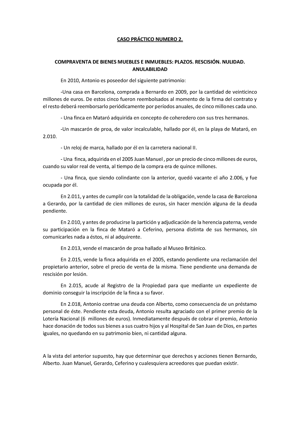 Caso Práctico Obligaciones Y Contratos Sin Resolver Solo Enunciado Caso PrÁctico Numero 2 5009