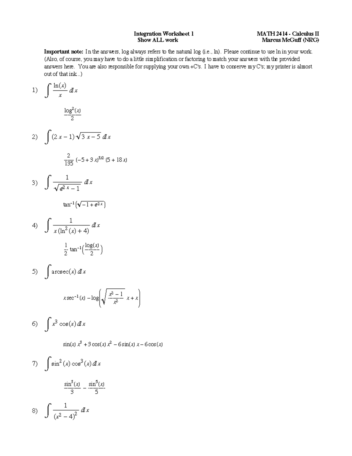 Integration methods worksheet Answers - Integration Worksheet 1 MATH ...