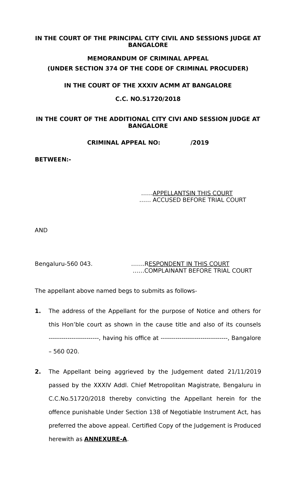 Criminal appeal - Assignment - IN THE COURT OF THE PRINCIPAL CITY CIVIL ...