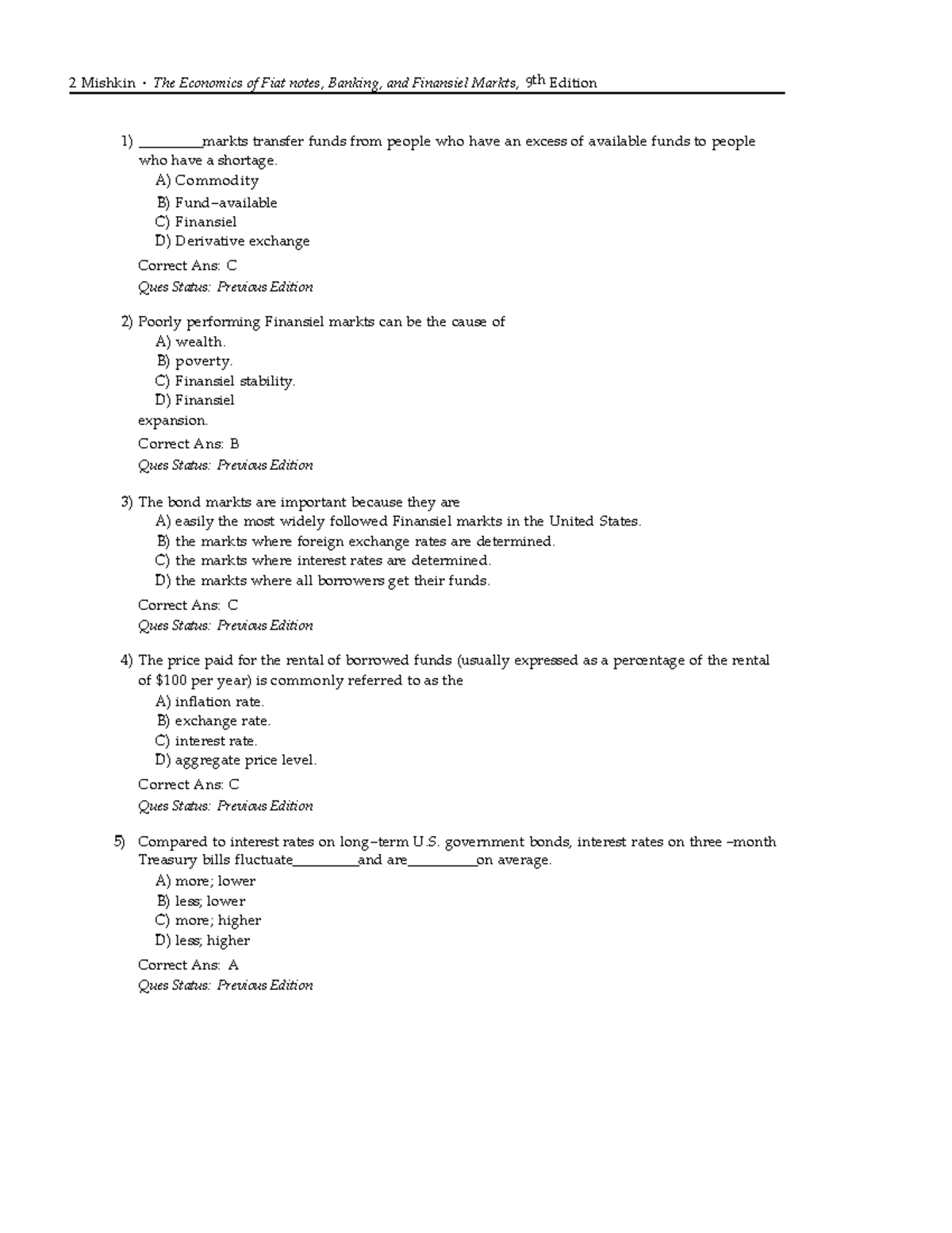 Economics of Money, Banking, and Financial Markets TEST BANK (9th