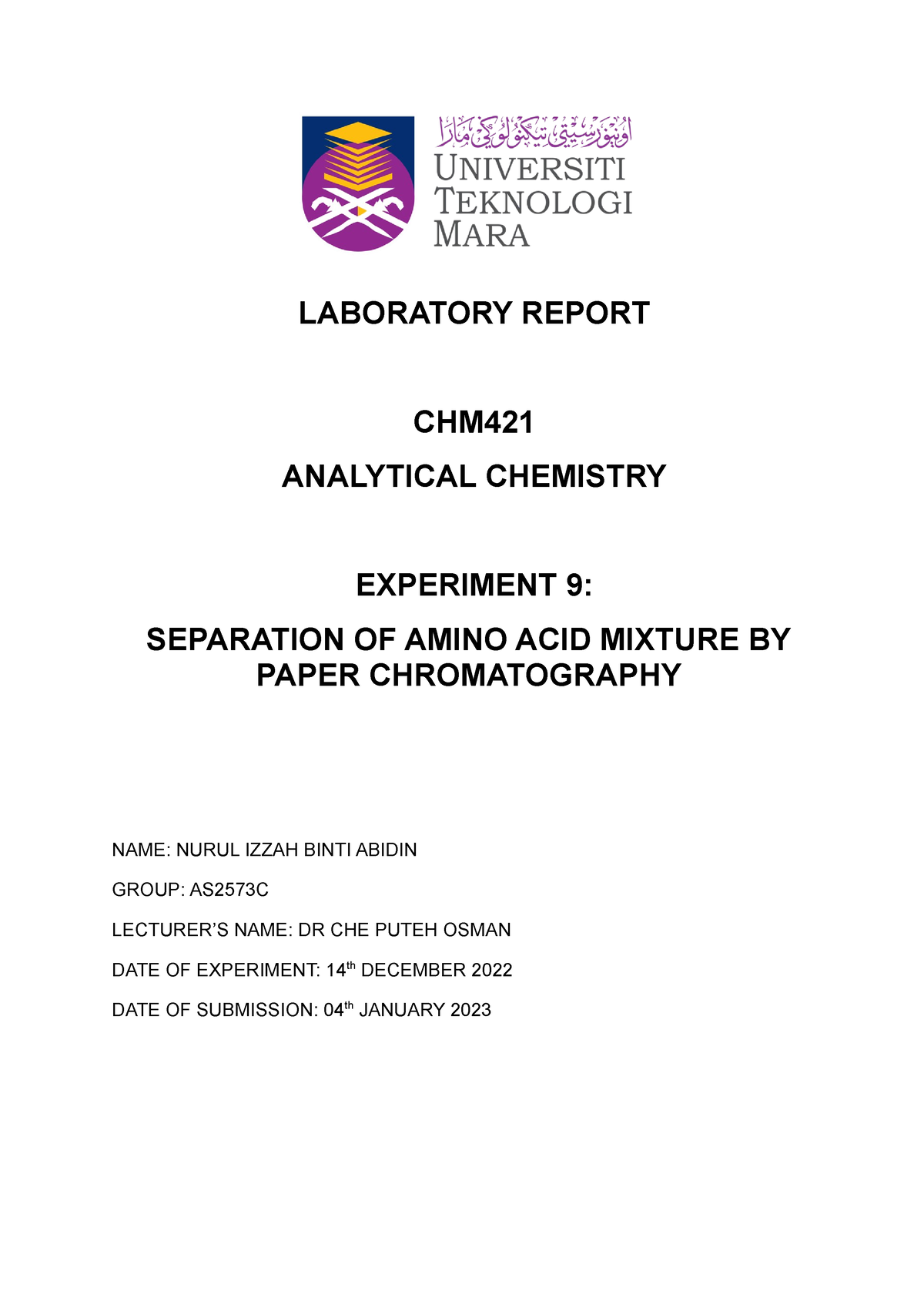 lab report experiment 9 chm421