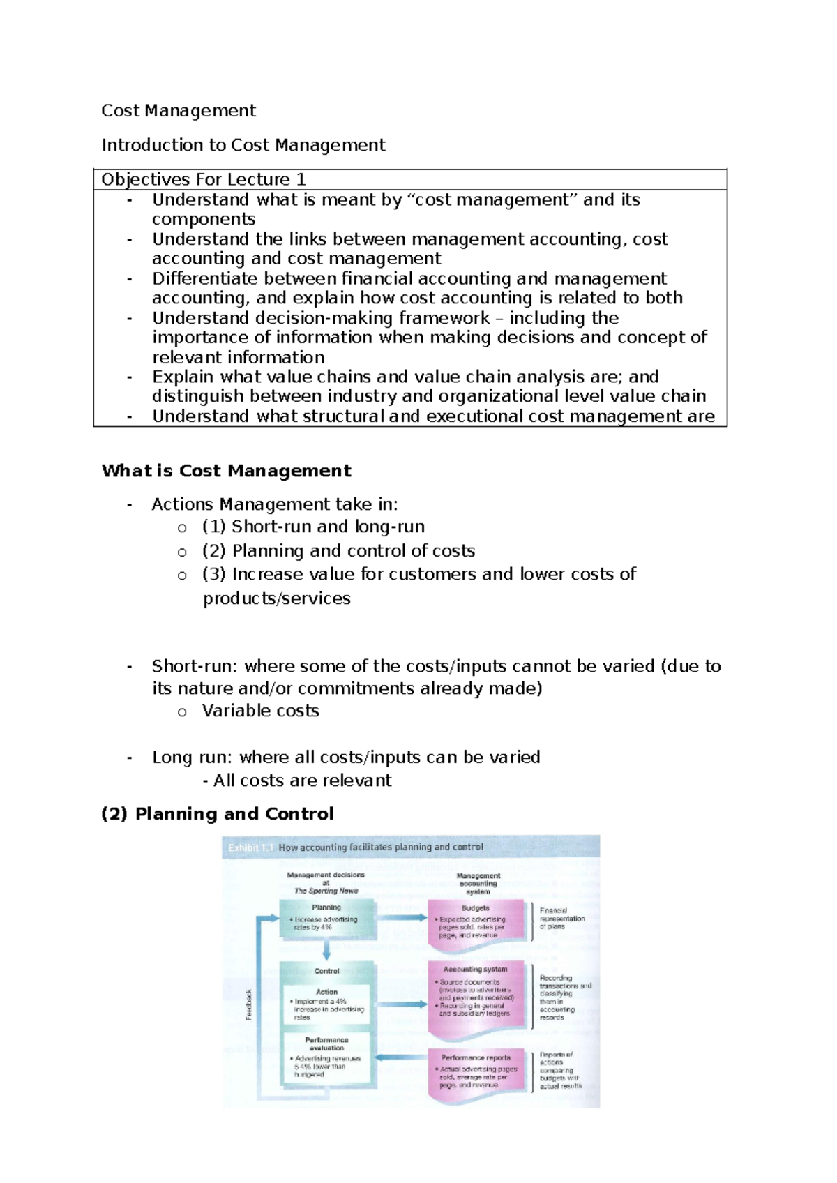 Cost Management - Notes for the first week from slides - Cost ...