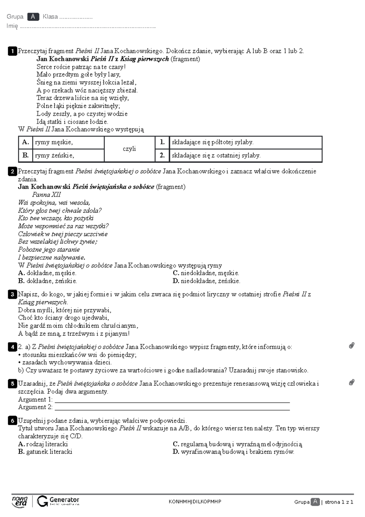 Jan Kochanowski Sprawdzian 7 Klasa www.studocu.com