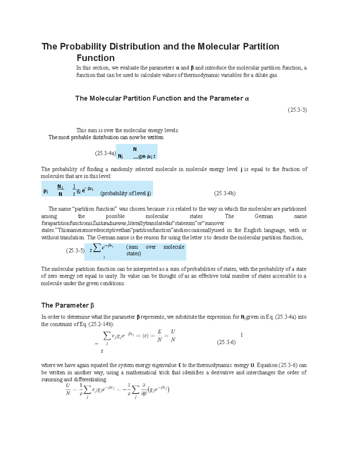 The Probability Distribution and the Molecular Partition Function pj