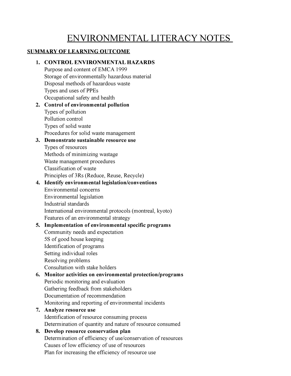 Environmental Literacy Notes - ENVIRONMENTAL LITERACY NOTES SUMMARY OF ...