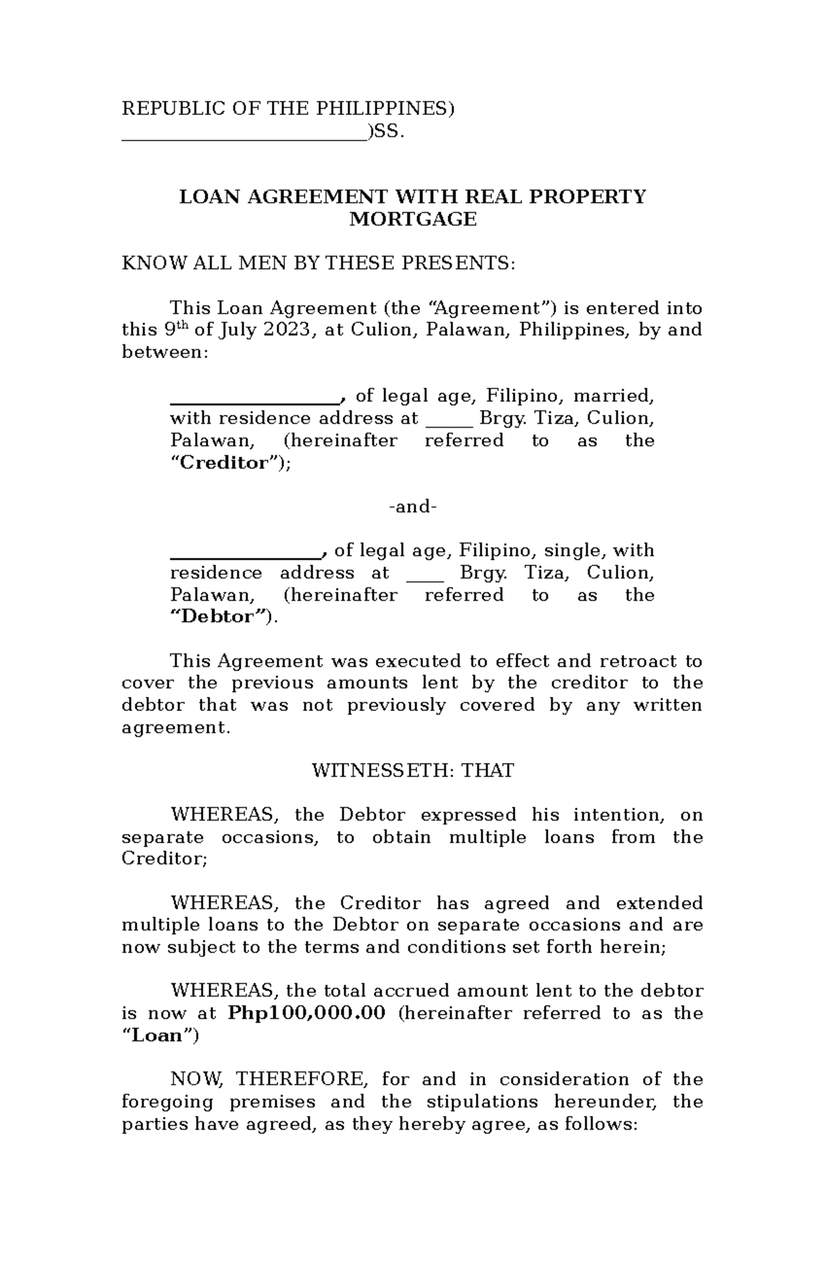 LOAN Agreement WITH REAL Property Mortgage REPUBLIC OF THE