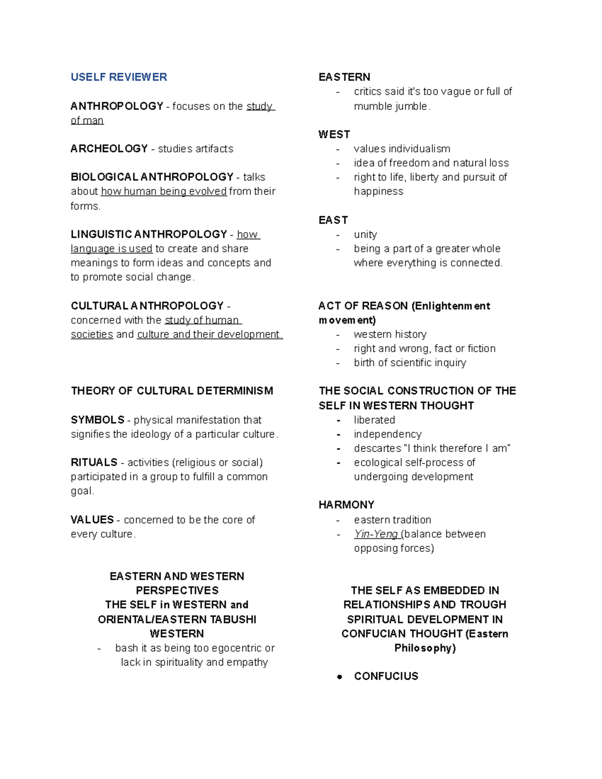 Uself- Reviewer - USELF REVIEWER ANTHROPOLOGY - focuses on the study of ...