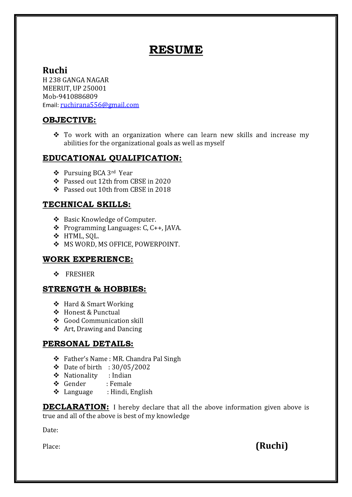 Ruchi Resume - BVHF - RESUME Ruchi H 238 GANGA NAGAR MEERUT, UP 250001 ...