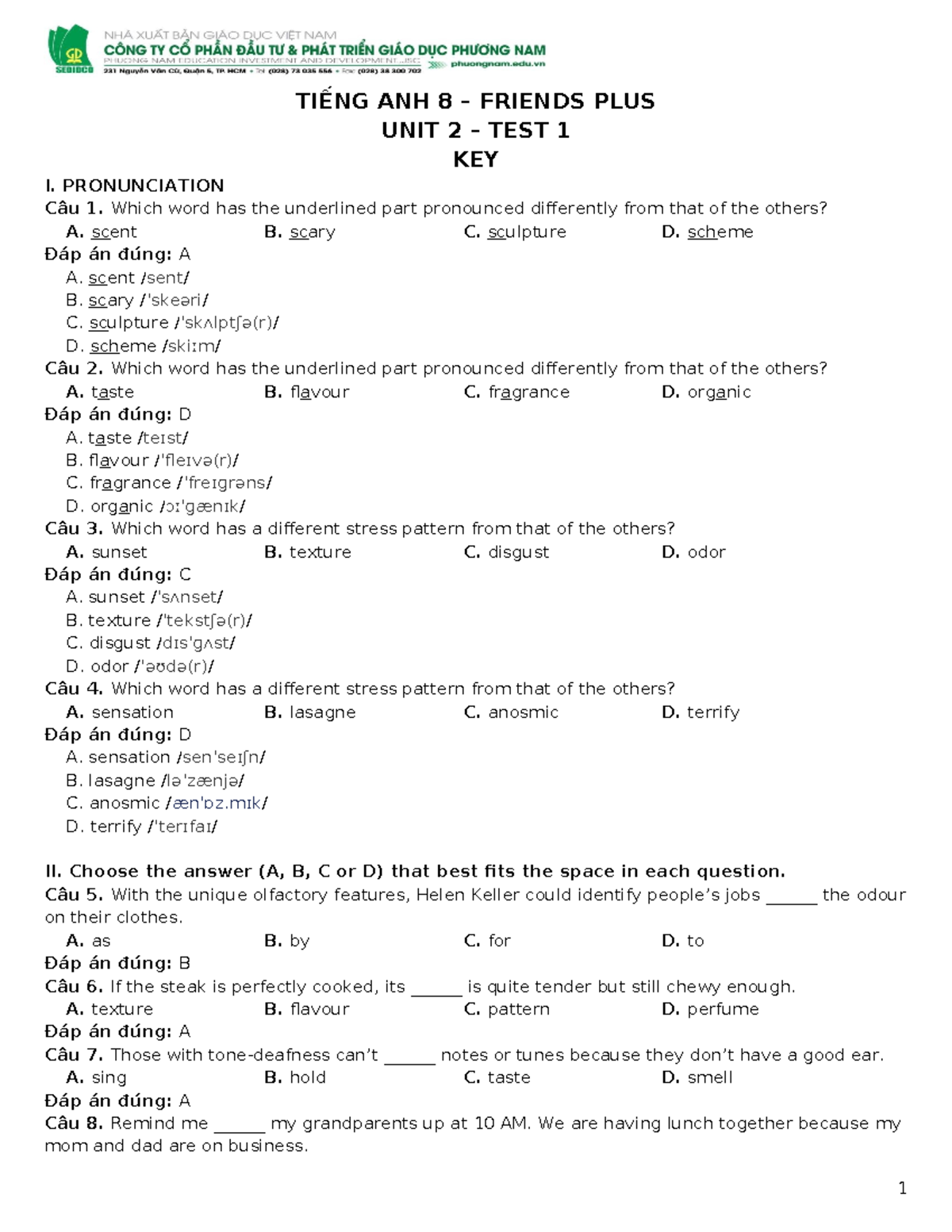 Tieng Anh 8 Friends Plus - Unit 2 - Test 1 (key) - TIẾNG ANH 8 ...