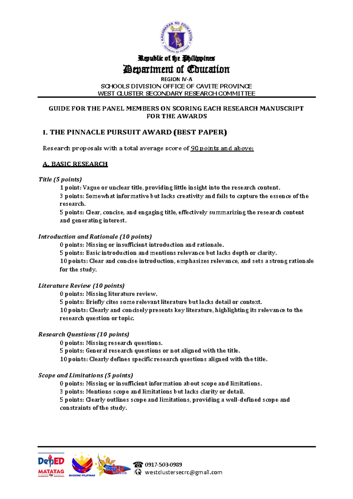 Guide FOR THE Panel Members ON Scoring EACH Research Manuscript FOR THE ...