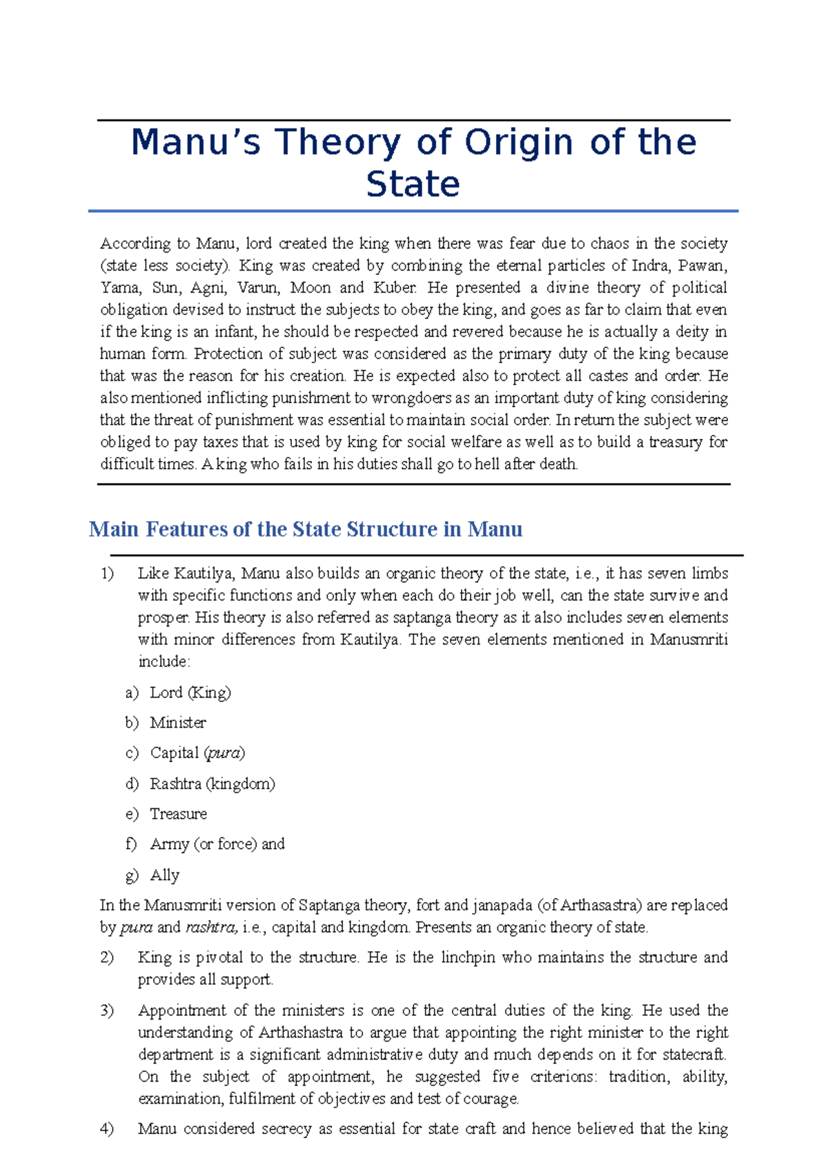 Manu’s Theory of Origin of the State Manu’s Theory of Origin of the