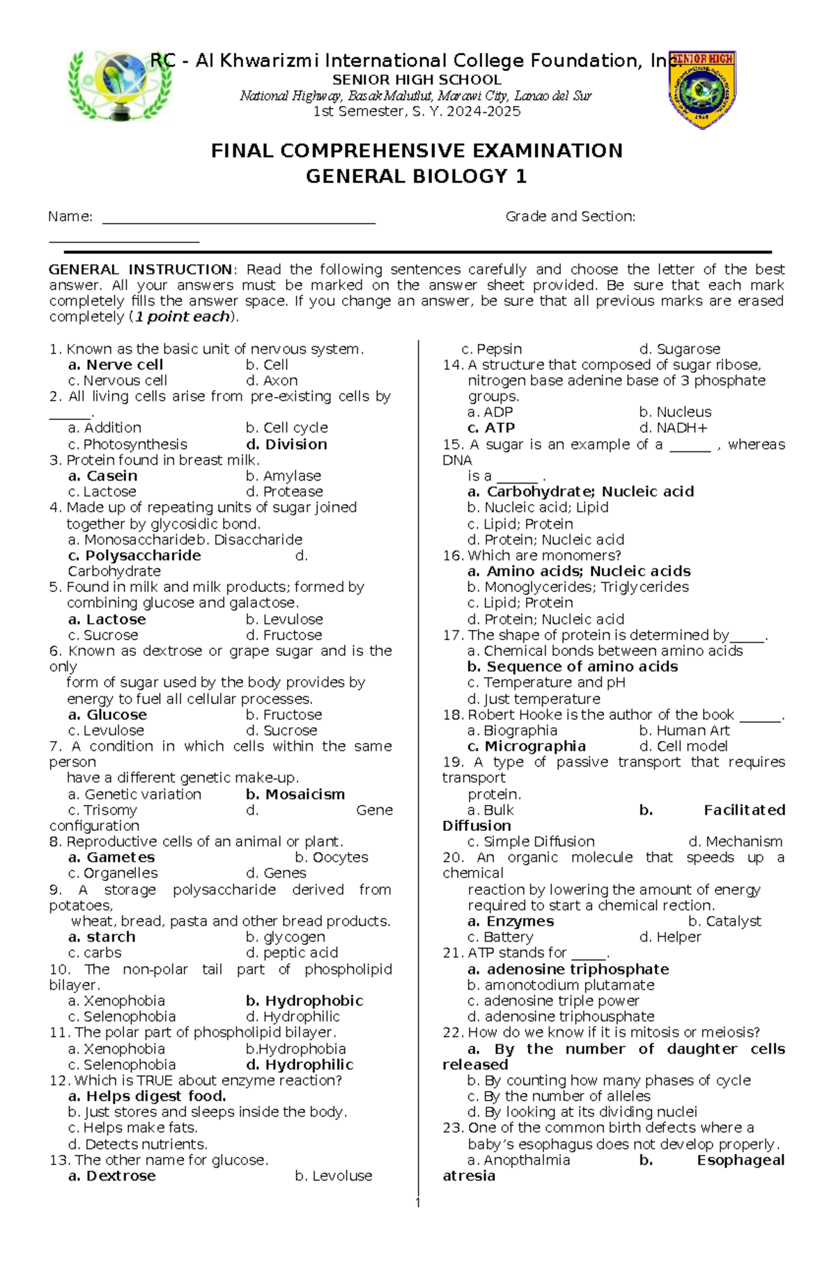 GB1 Final Compre - GENERAL BIOLOGY 1 SUMMATIVE EXAM - RC - Al Khwarizmi ...