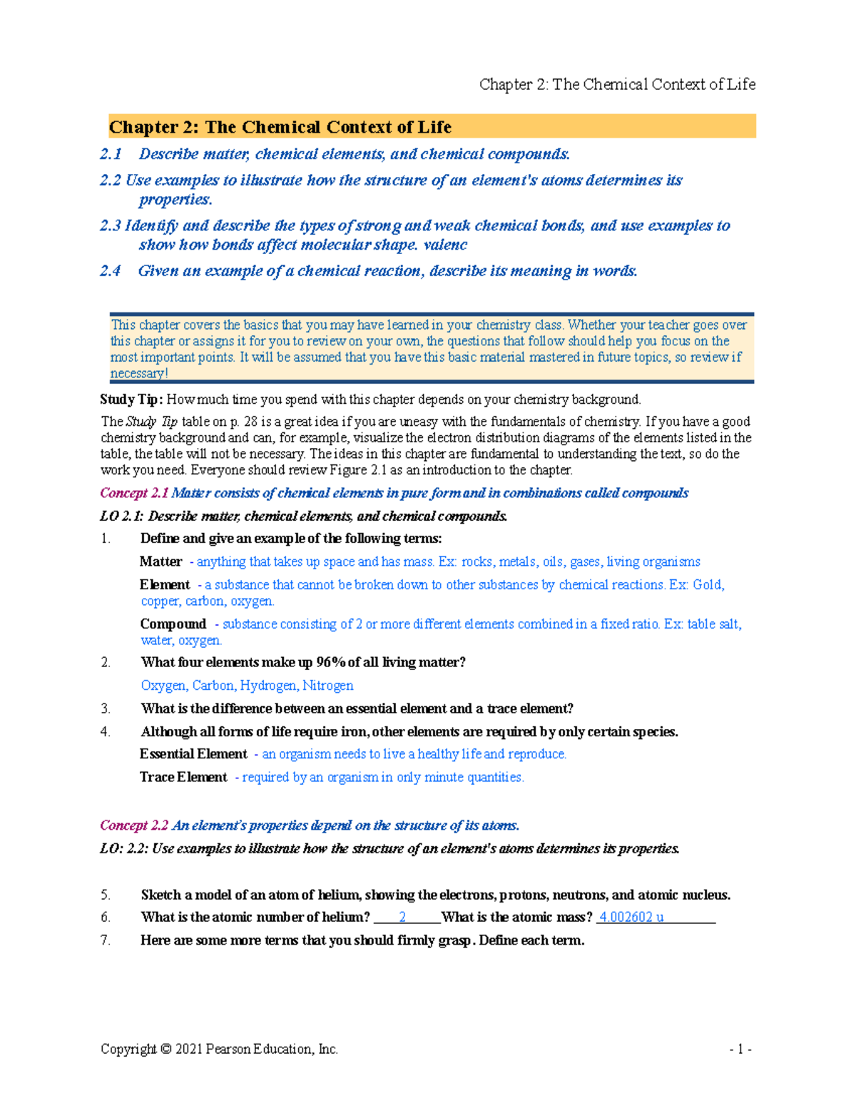 BIOL ARG Chapter 2 - Chapter 2: The Chemical Context of Life 2 Describe ...