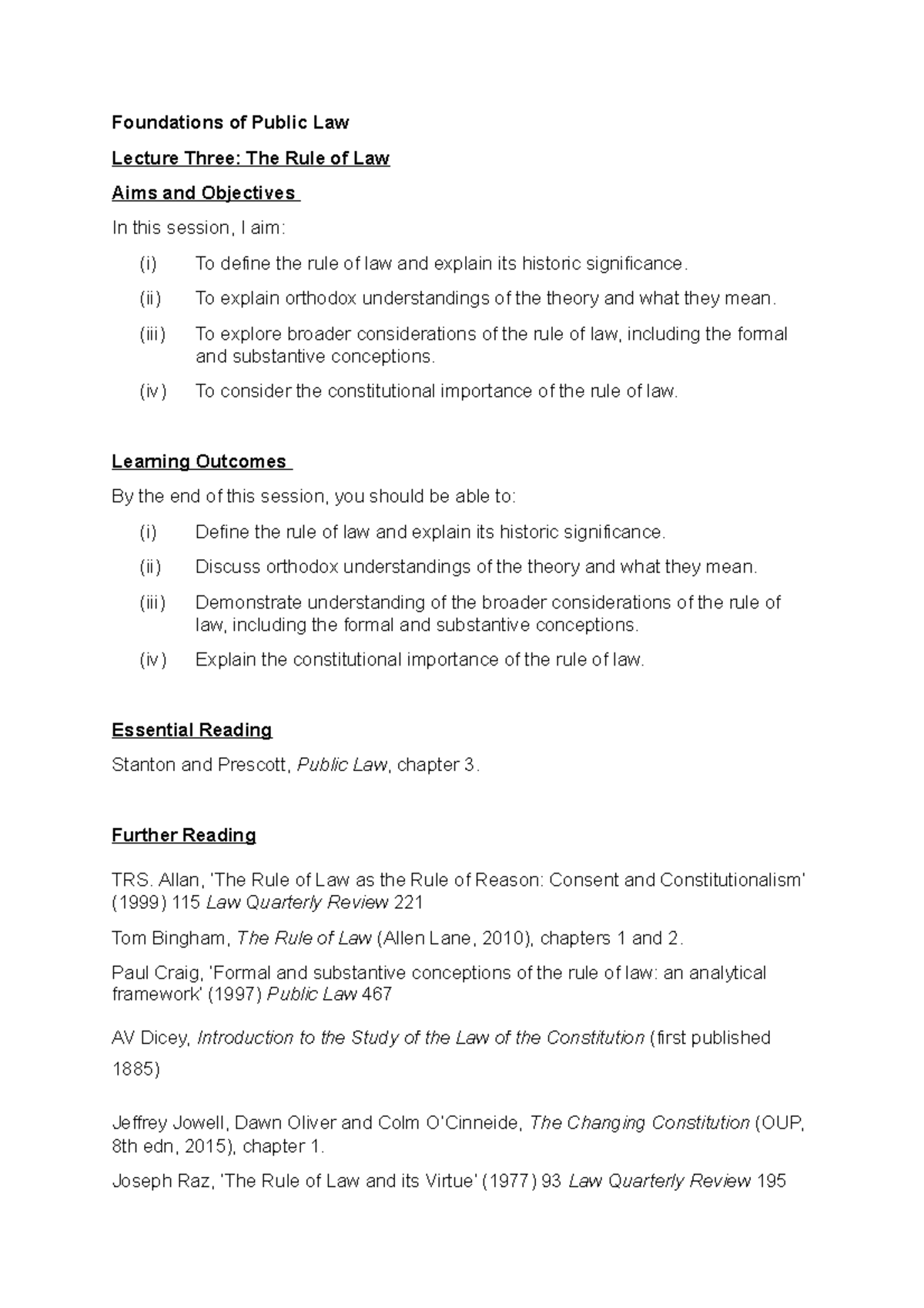 Lecture 3 Public LAW - Foundations of Public Law Lecture Three: The ...