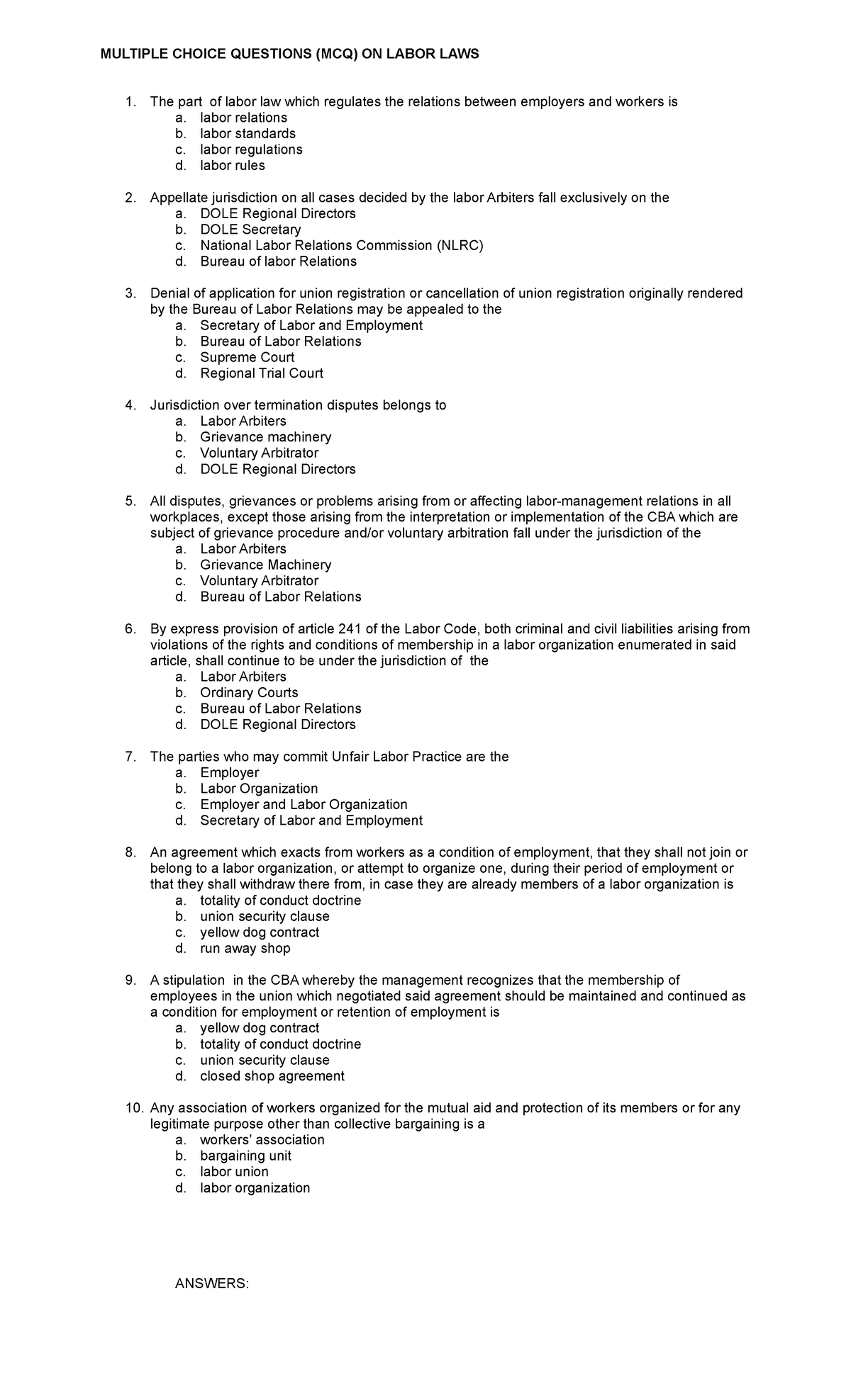 MCQ - 1 - accounting and law - MULTIPLE CHOICE QUESTIONS (MCQ) ON LABOR ...