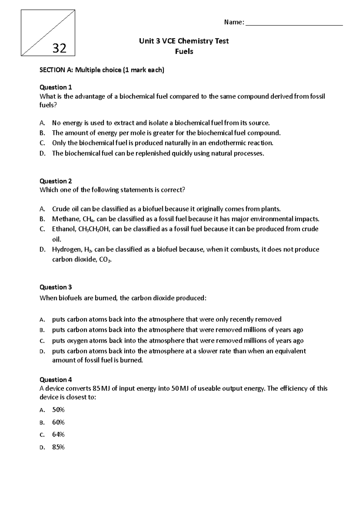 2023 Fuels Test Test of fuel cells Unit 3 VCE Chemistry Test Fuels